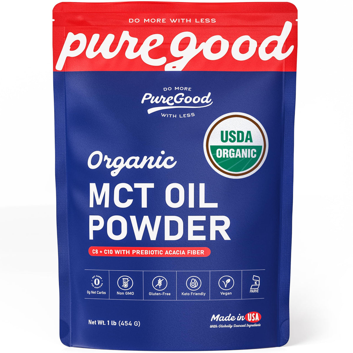 PureGood Organic MCT Oil Powder front view in resealable pouch