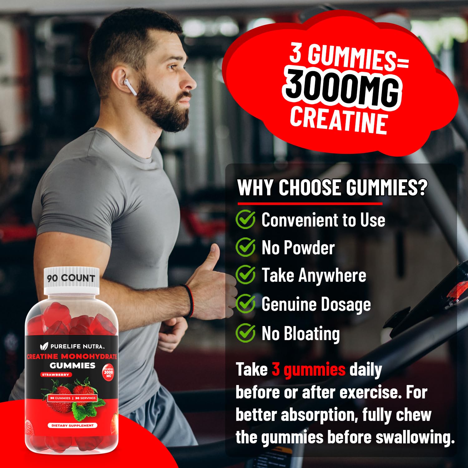 PureLife Nutra Creatine Monohydrate Gummies with a measuring scoop