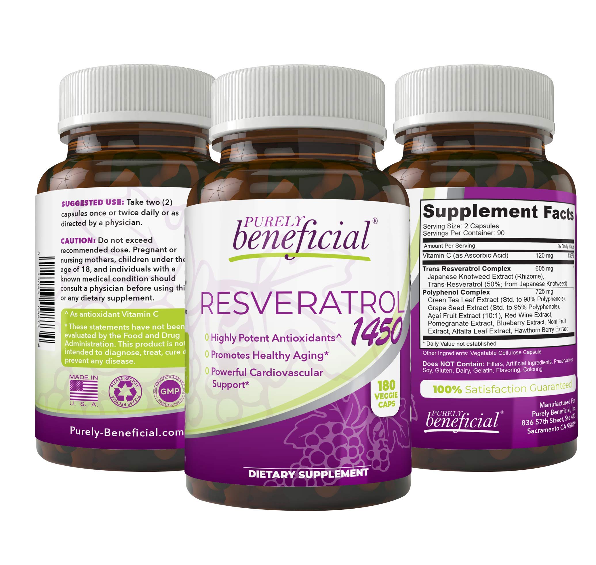 PURELY beneficial Resveratrol Supplement 1450MG front view with packaging