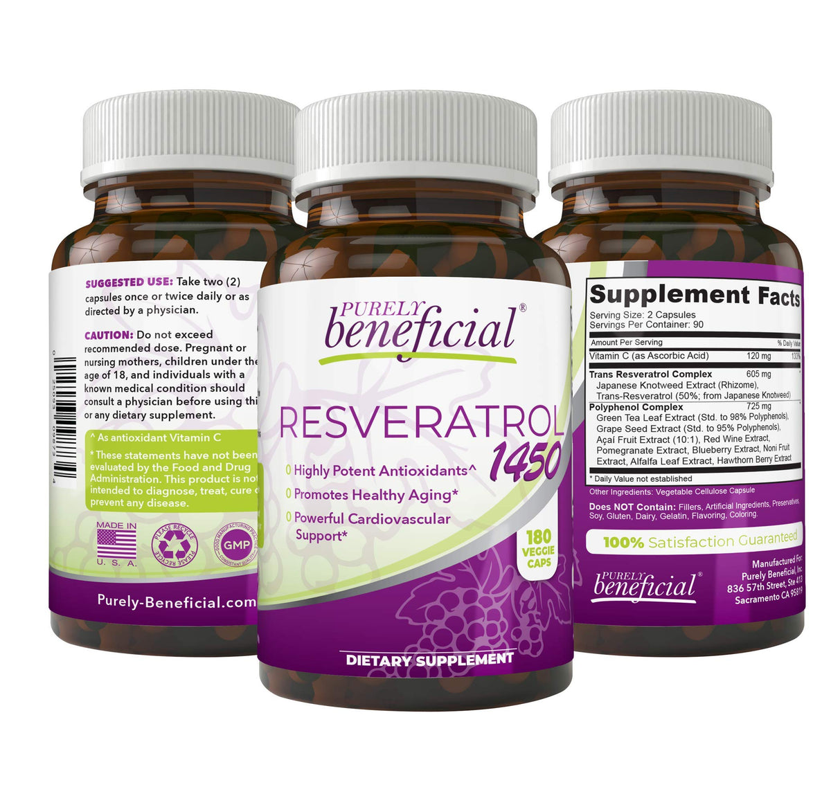 PURELY beneficial Resveratrol Supplement 1450MG front view with packaging