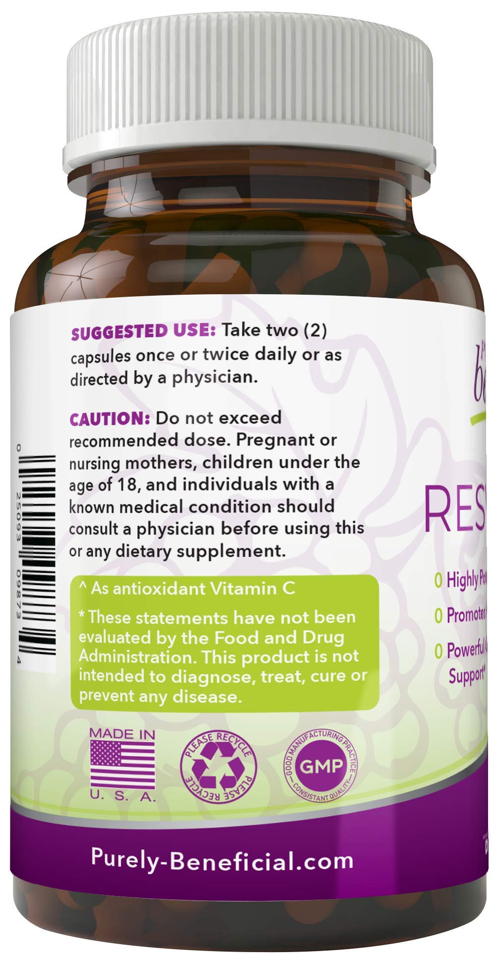 PURELY beneficial Resveratrol Supplement ingredients list on packaging