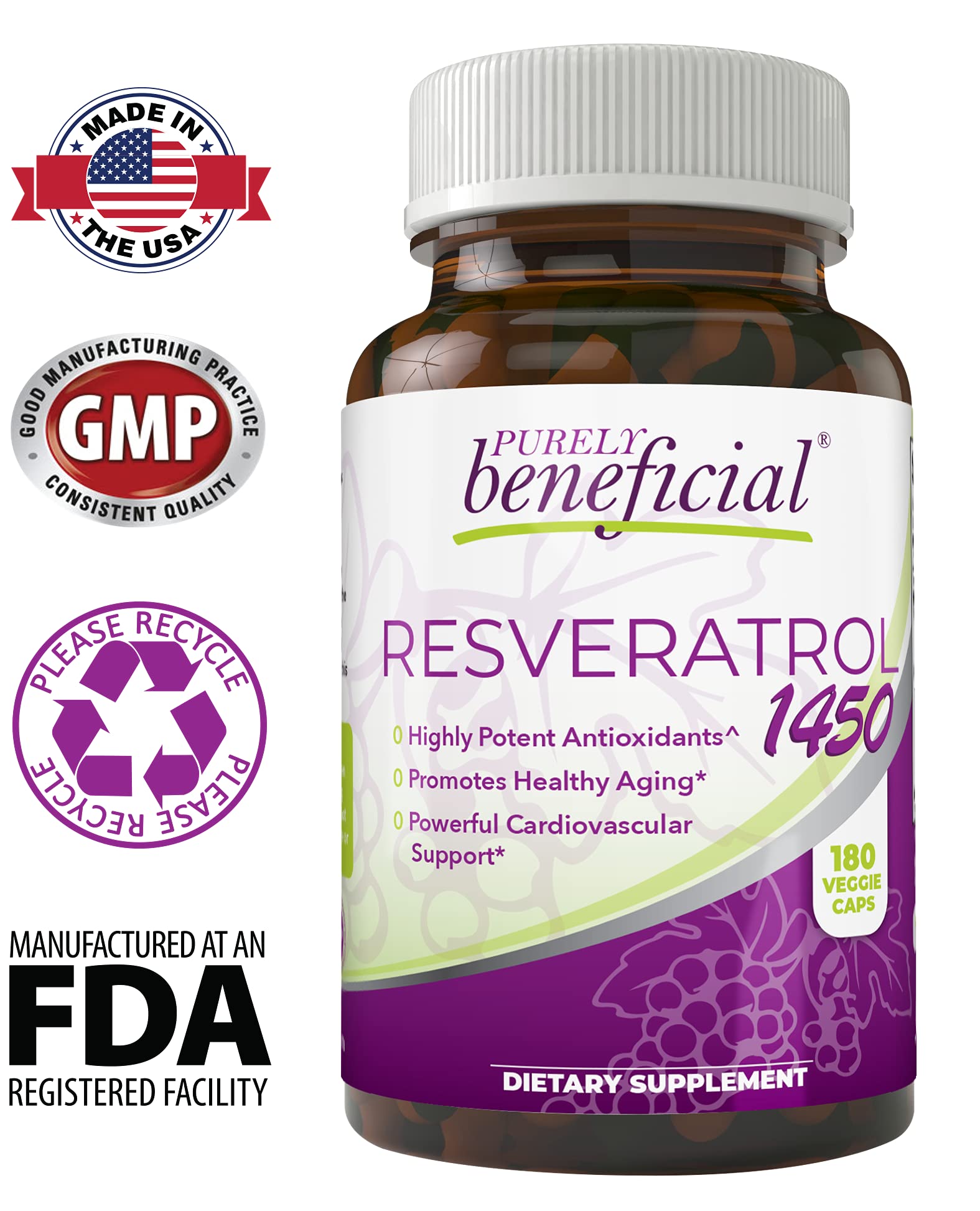 PURELY beneficial Resveratrol Supplement side view of bottle