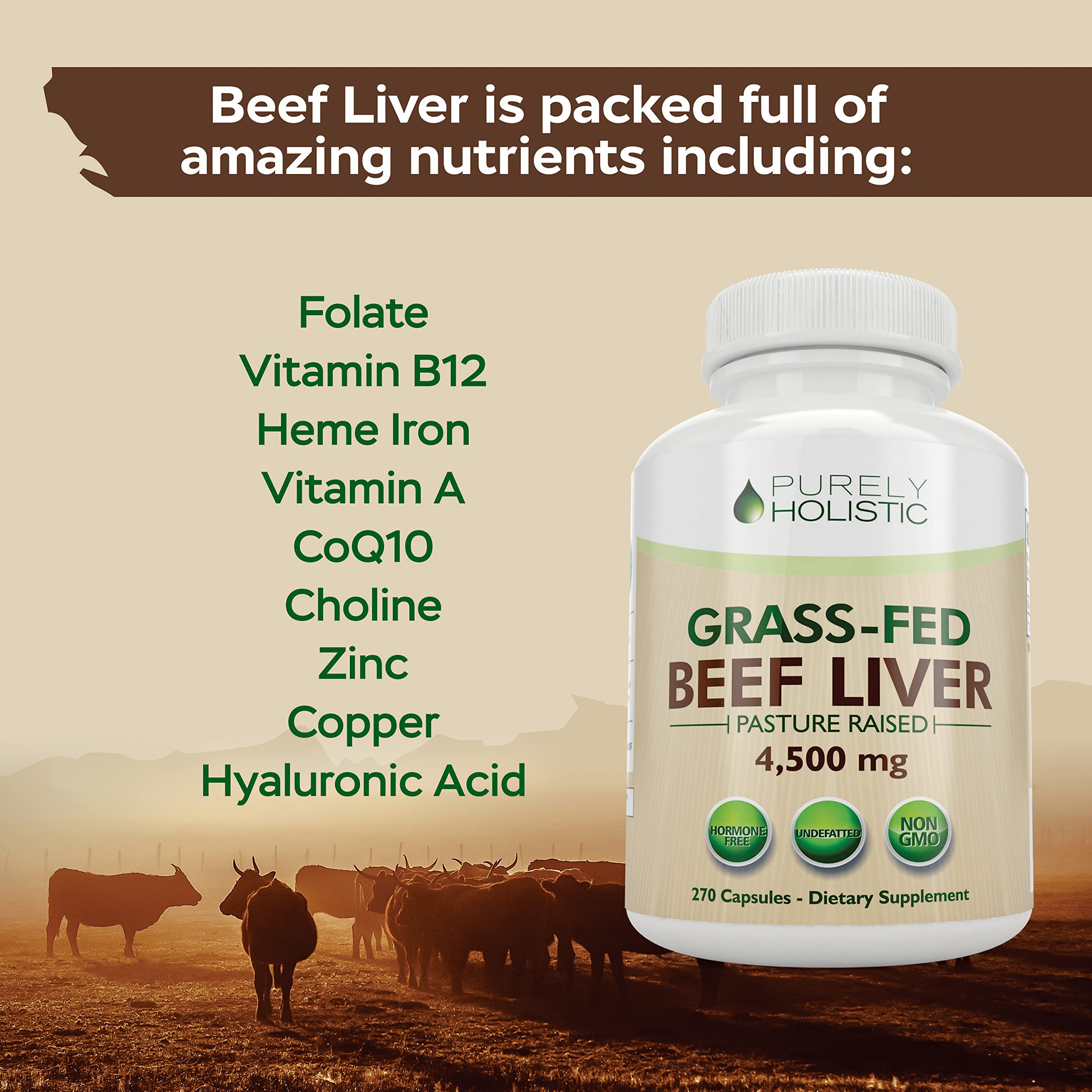 Purely Holistic Beef Liver Supplement 750mg bottle with label