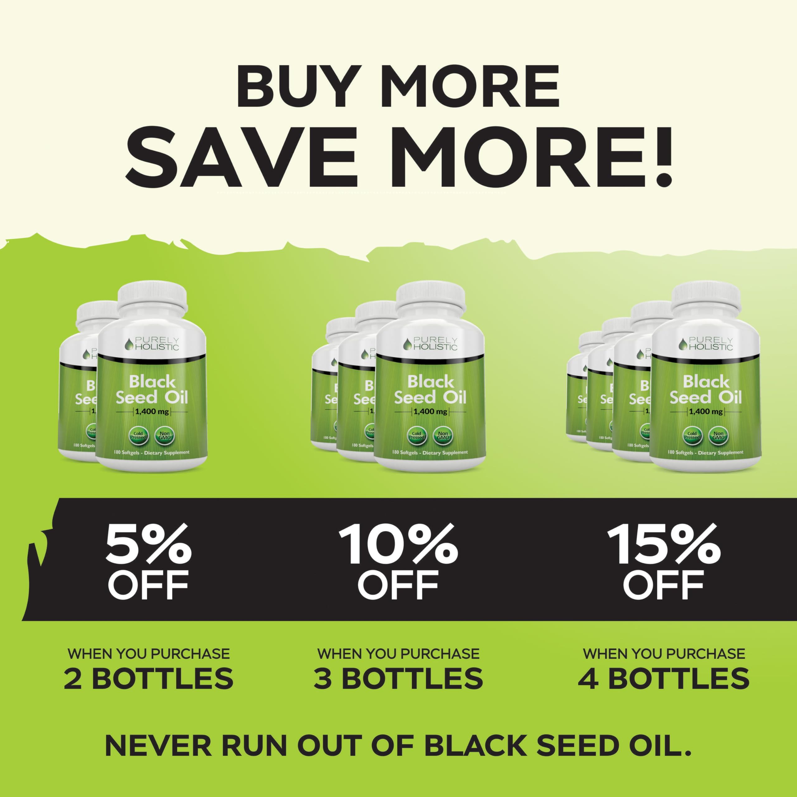 Purely Holistic Black Seed Oil bottle with softgels scattered around
