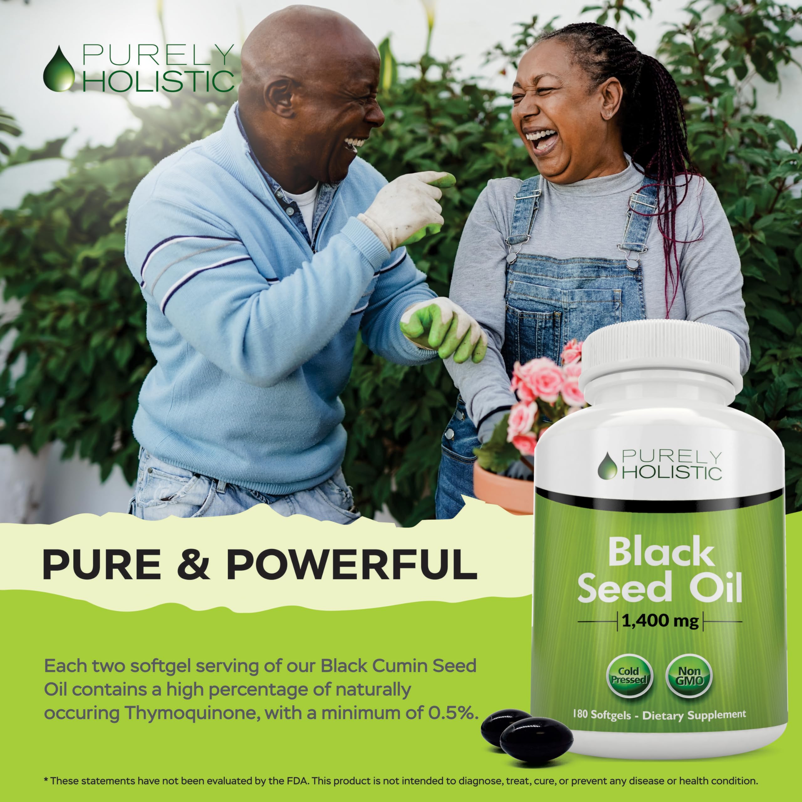Purely Holistic Black Seed Oil softgels on a wooden surface