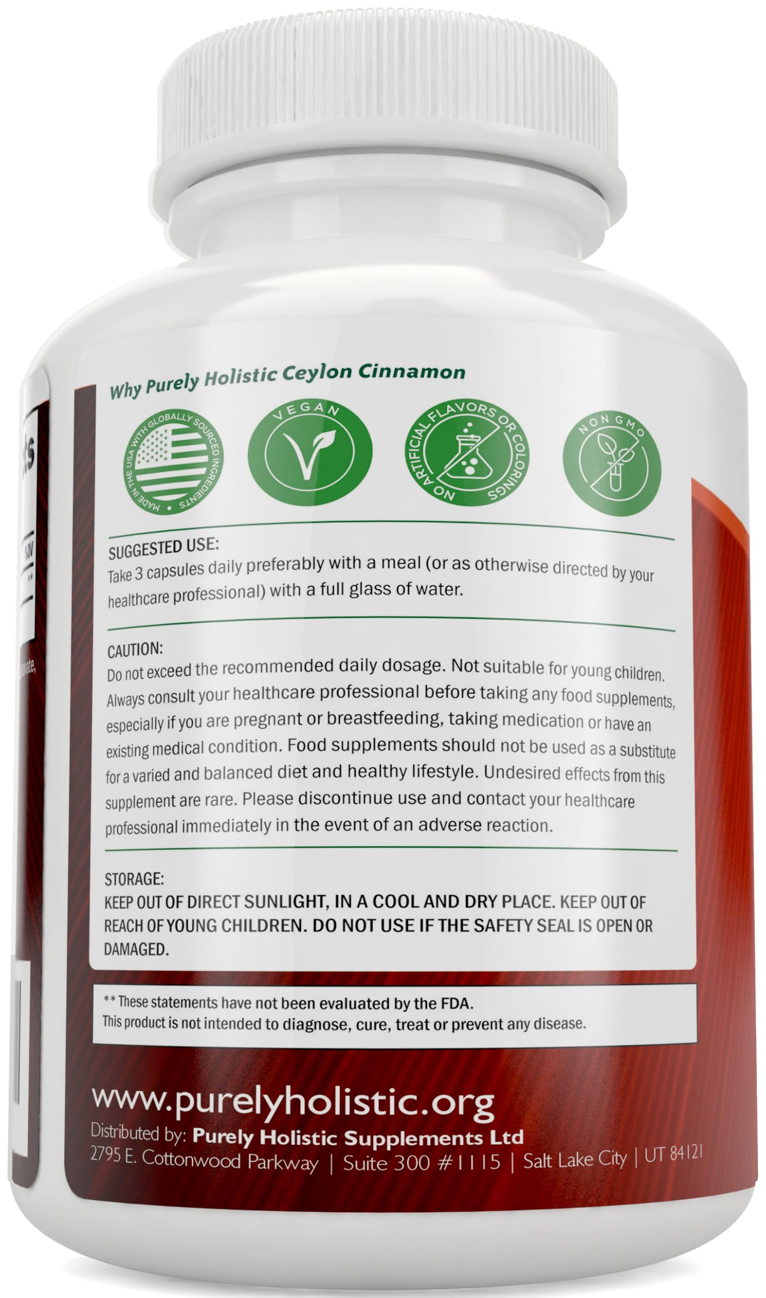 Purely Holistic Ceylon Cinnamon Capsules bottle with capsules displayed