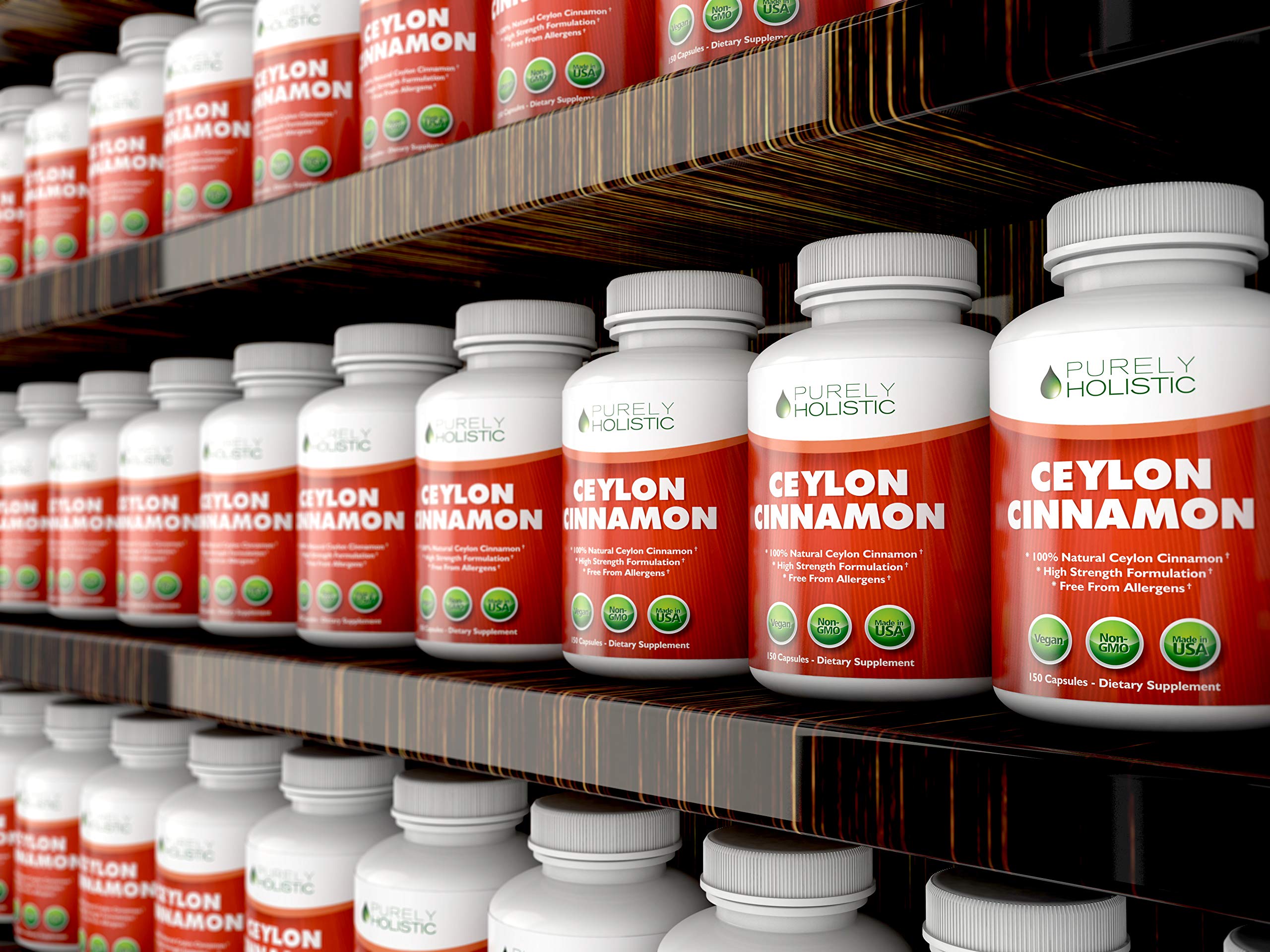 Purely Holistic Ceylon Cinnamon Capsules on a wooden table with natural background