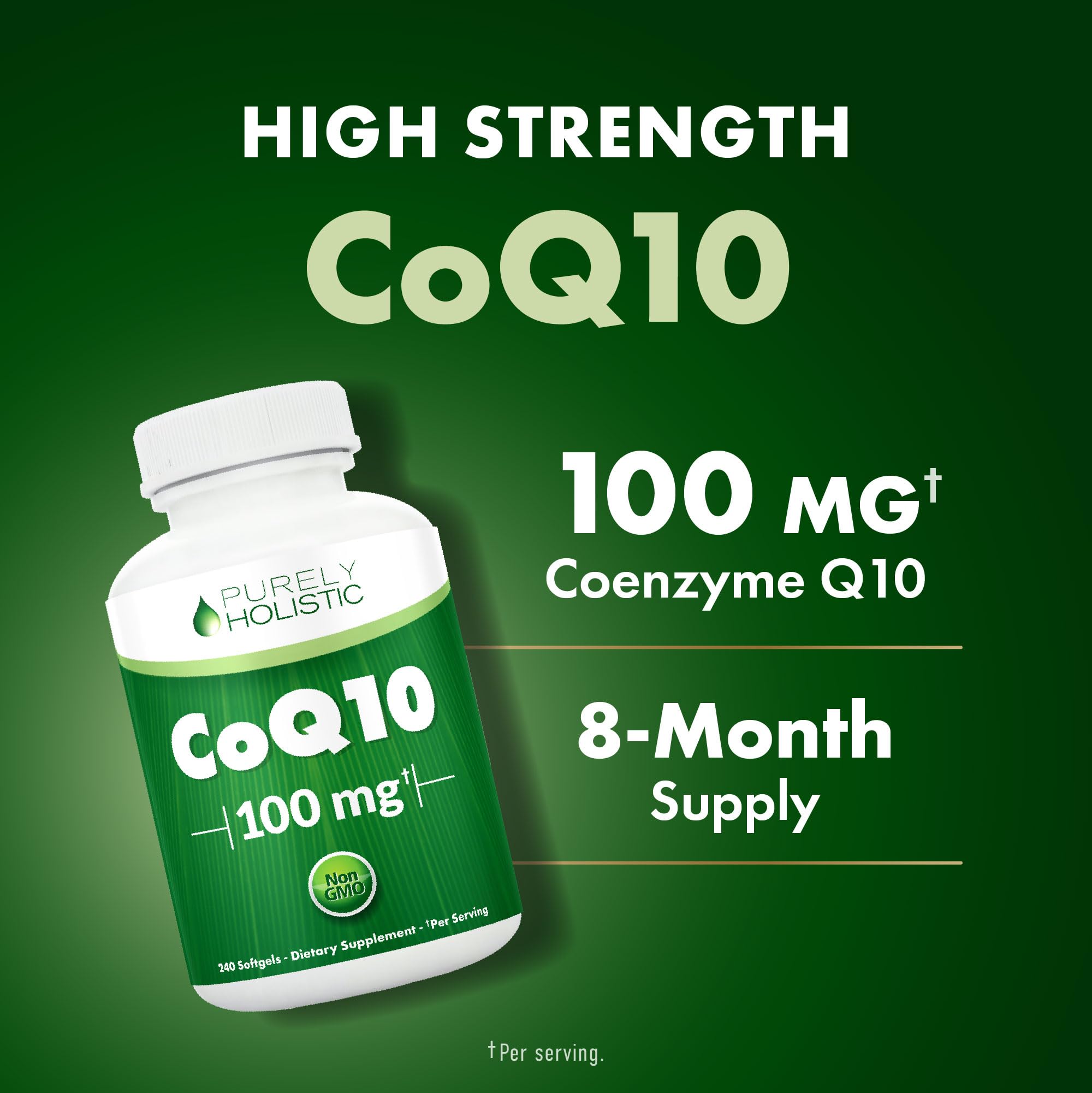 Purely Holistic CoQ10 100MG Softgels back view with ingredient list