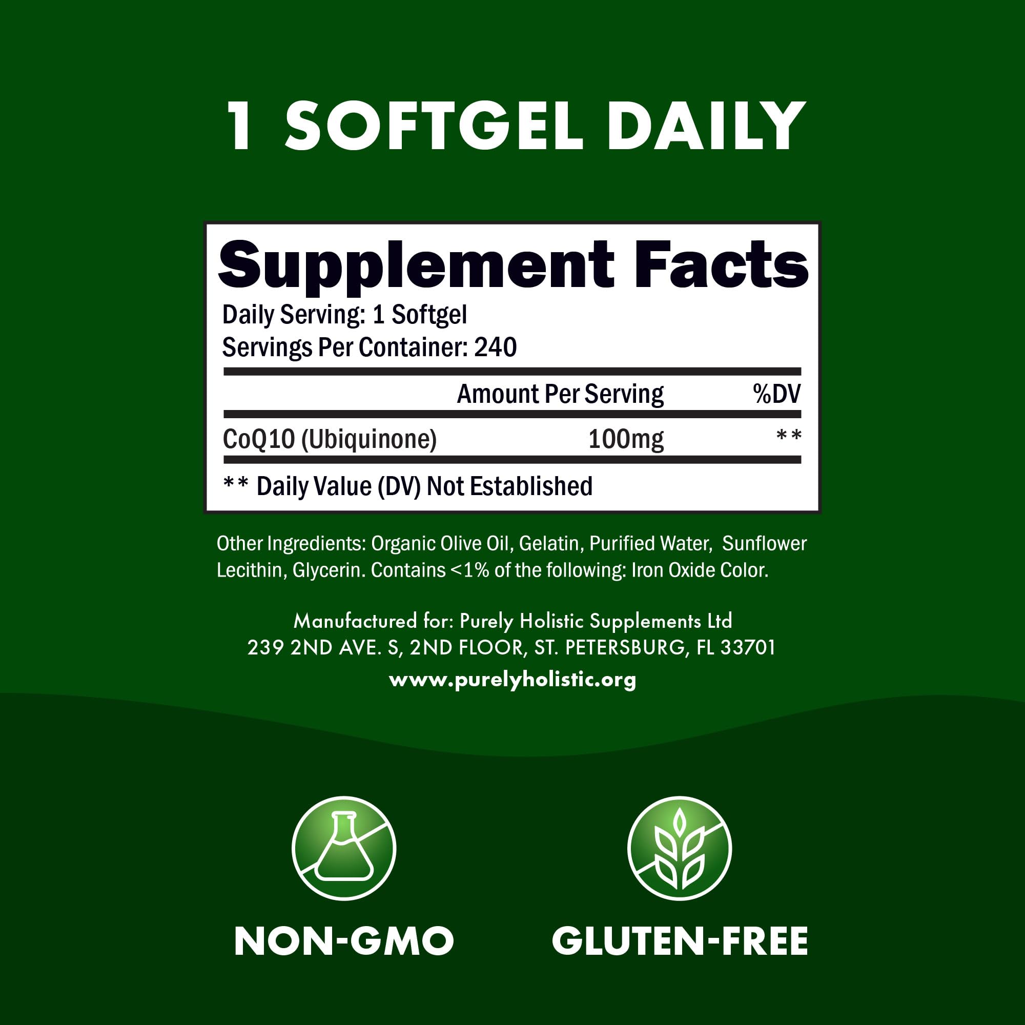 Purely Holistic CoQ10 100MG Softgels with measuring spoon
