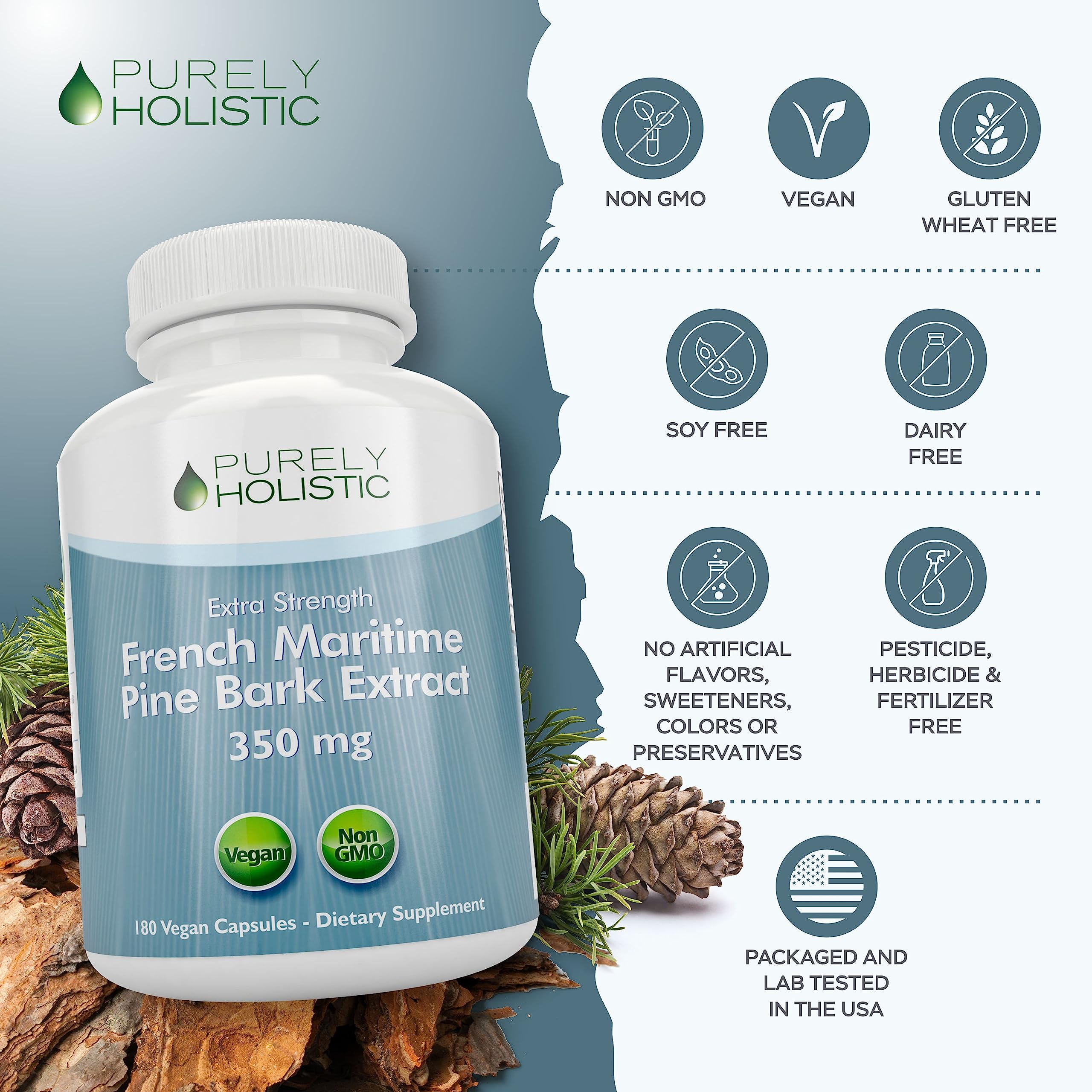 Purely Holistic French Maritime Pine Bark Extract 350mg bottle with capsules
