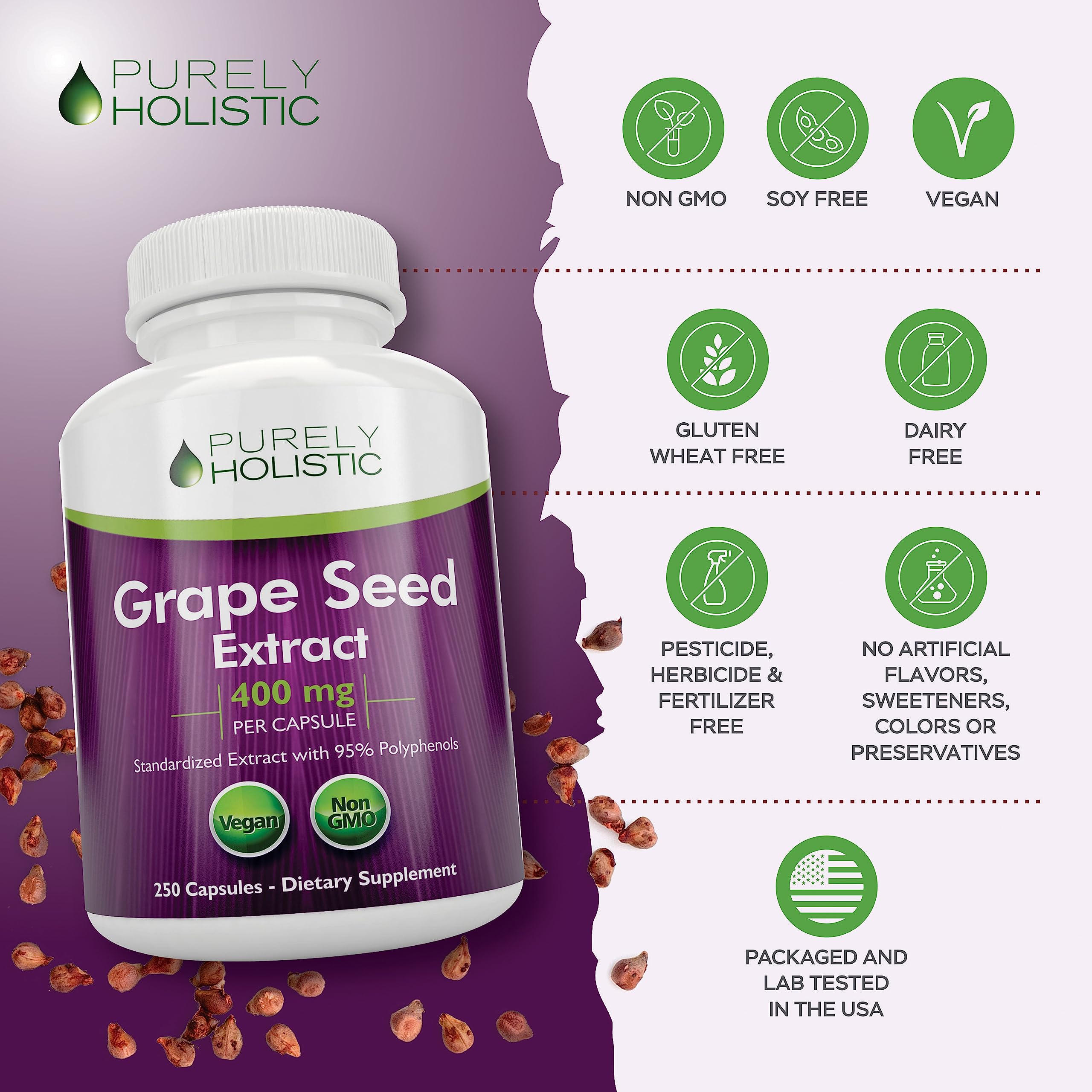 Purely Holistic Grape Seed Extract 400mg bottle side view