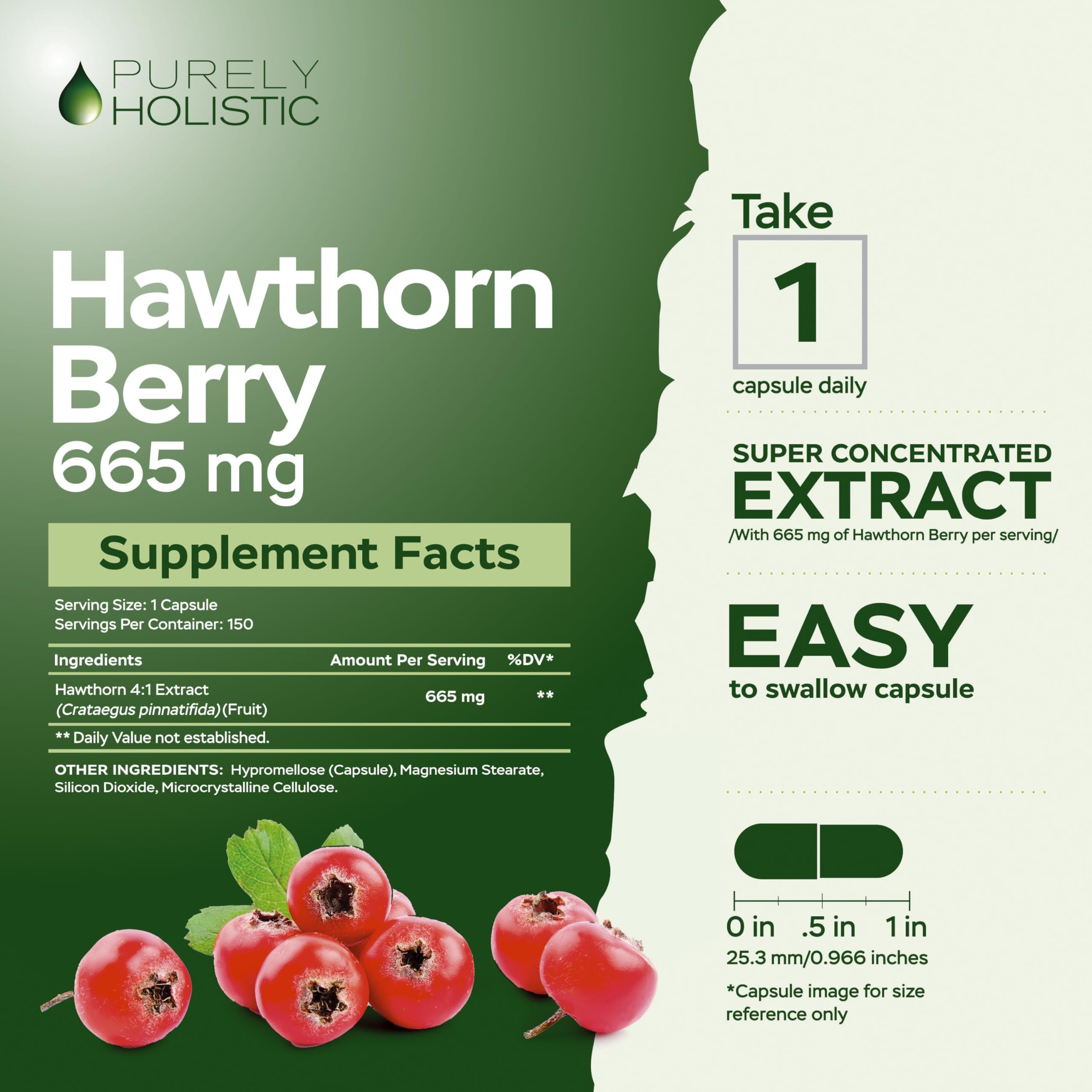 Purely Holistic Hawthorn Berry Capsules 665mg bottle side view