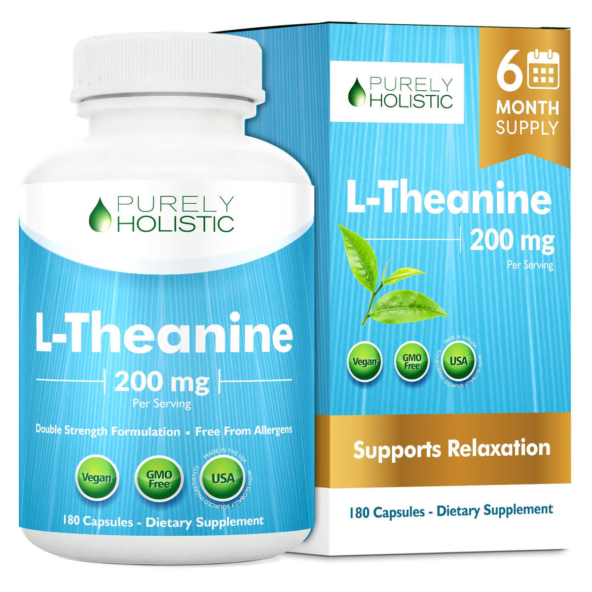 Purely Holistic L-Theanine 200mg vegan capsules front view