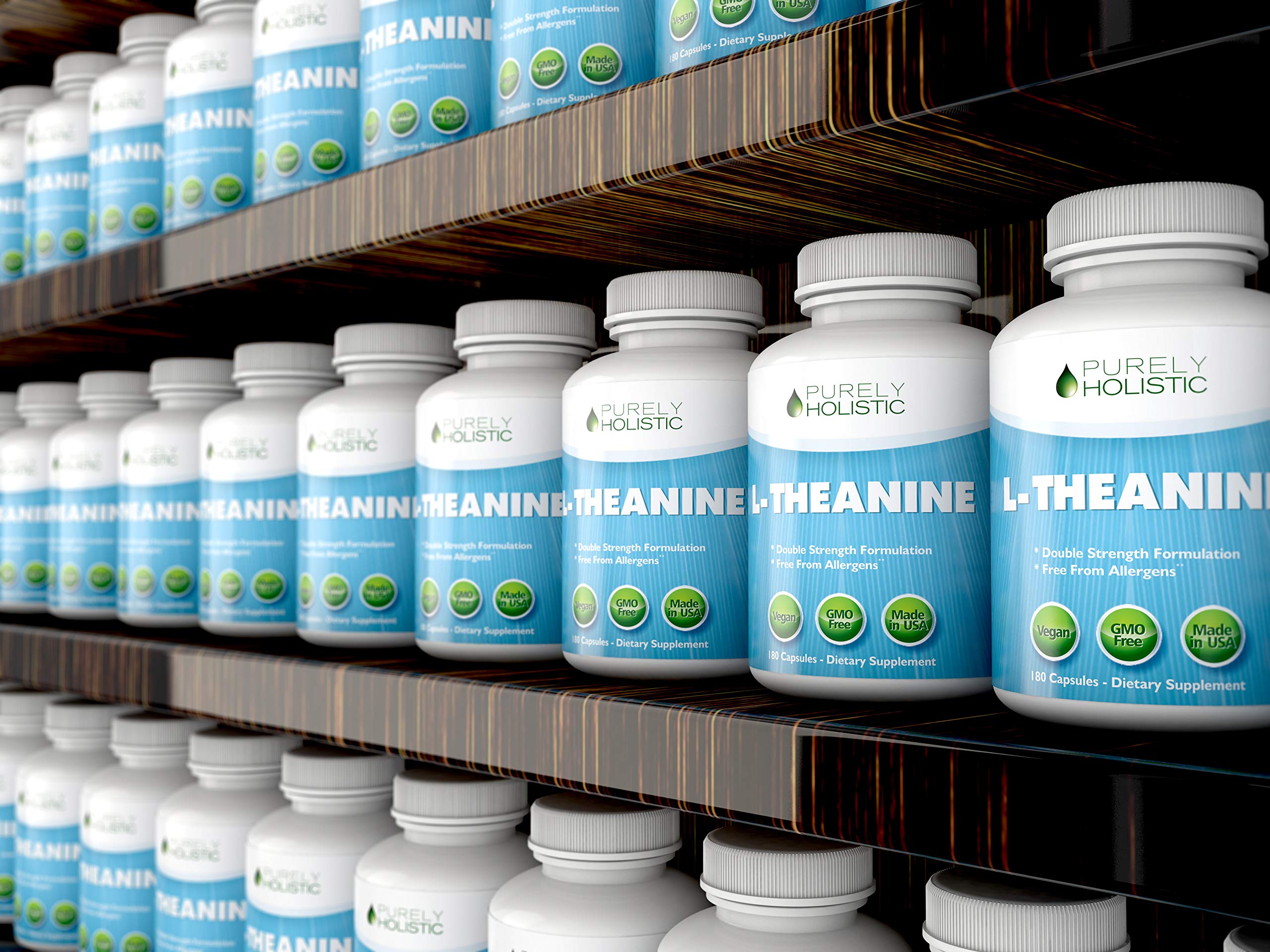 Purely Holistic L-Theanine 200mg vegan capsules with a measuring spoon