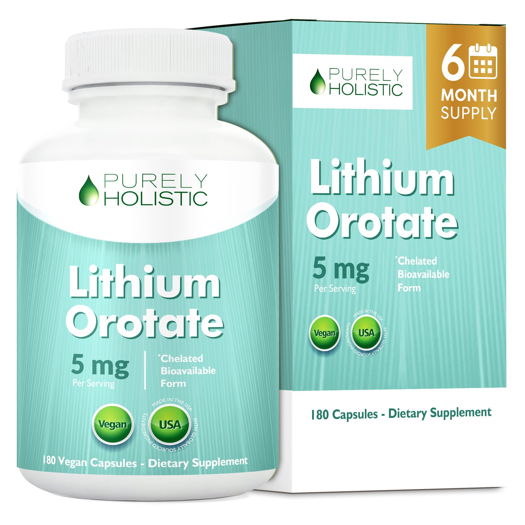 Purely Holistic Lithium Orotate 5mg Capsules bottle front view