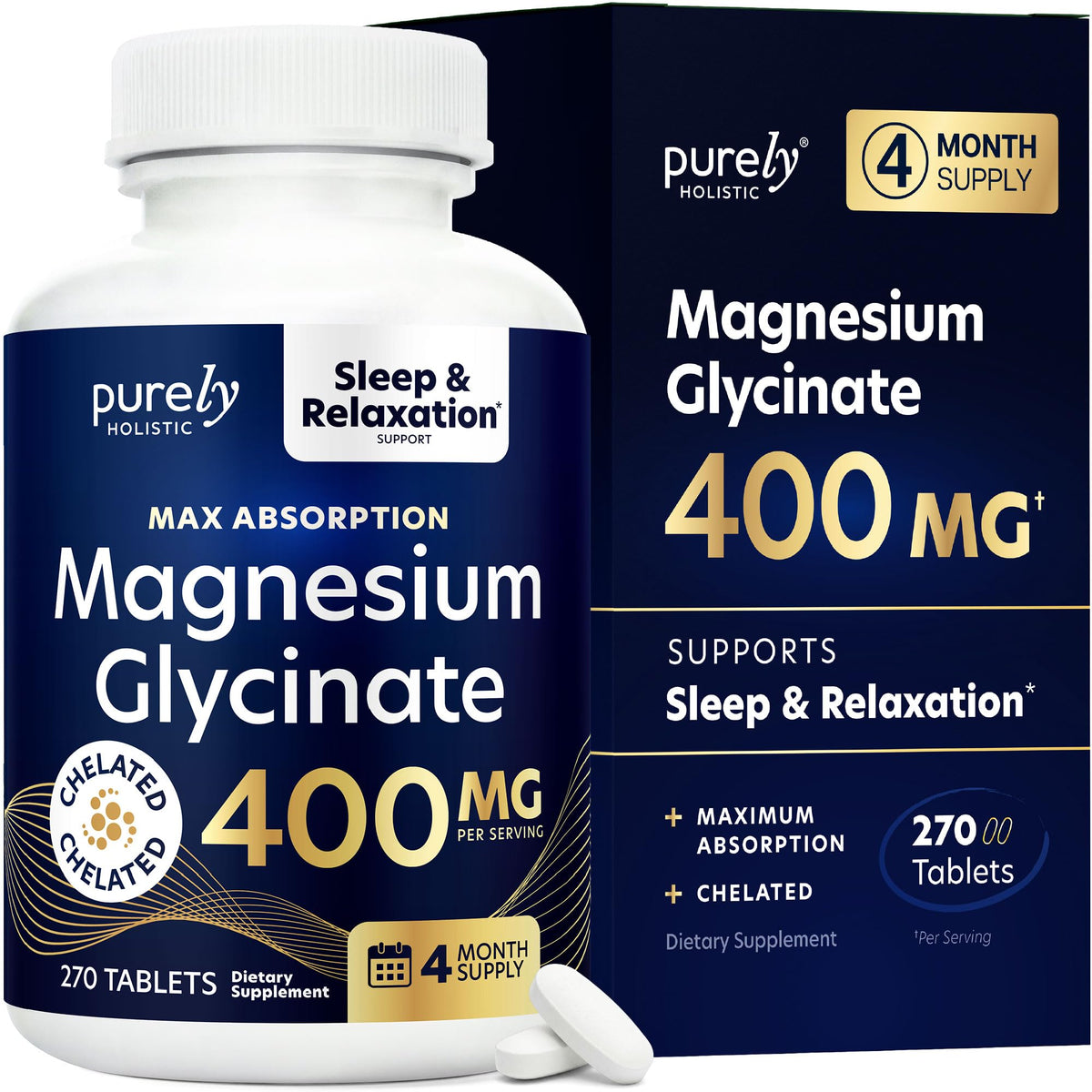 Purely Holistic Magnesium Glycinate 400mg 270 Tablets front view