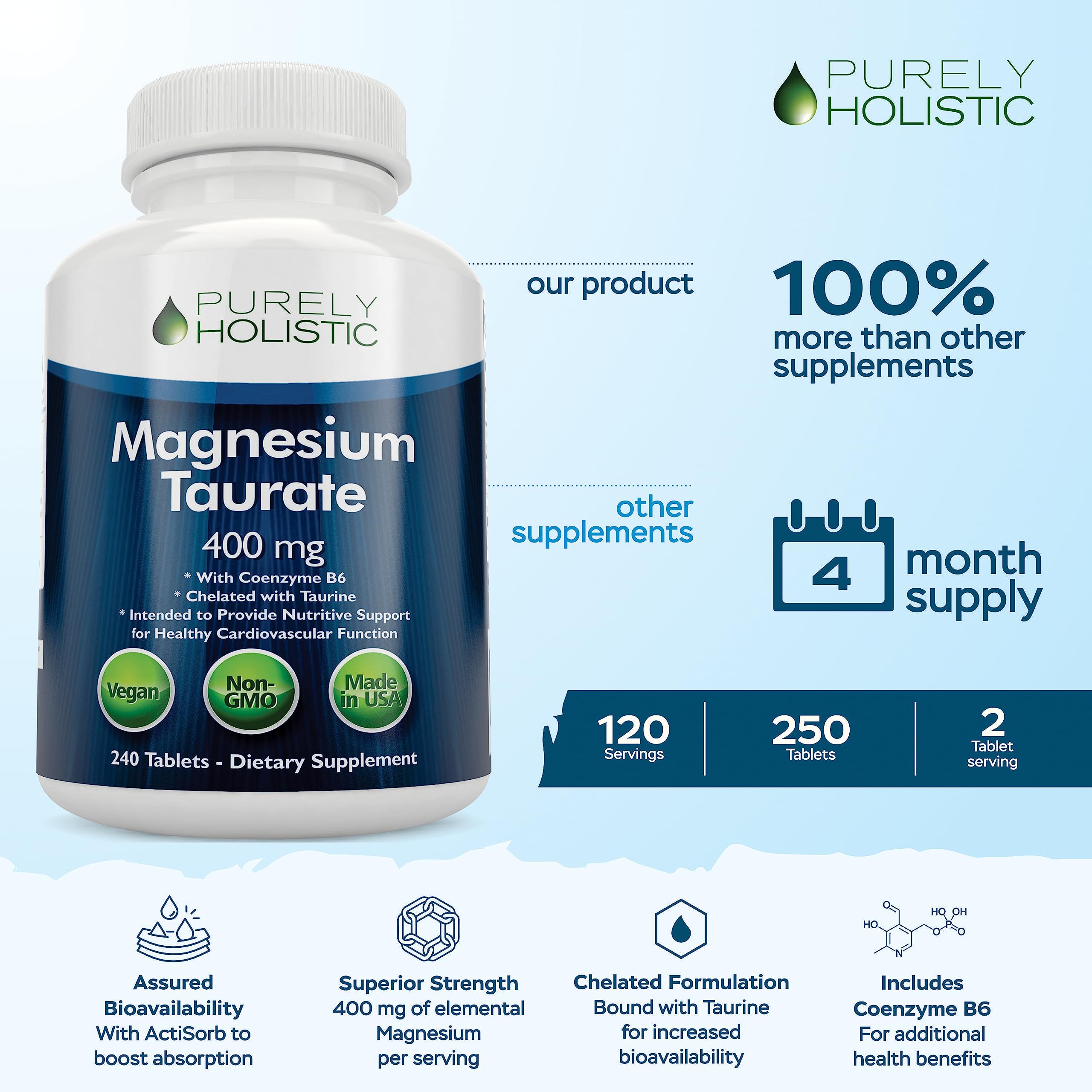 Purely Holistic Magnesium Taurate 240 Tablets side view