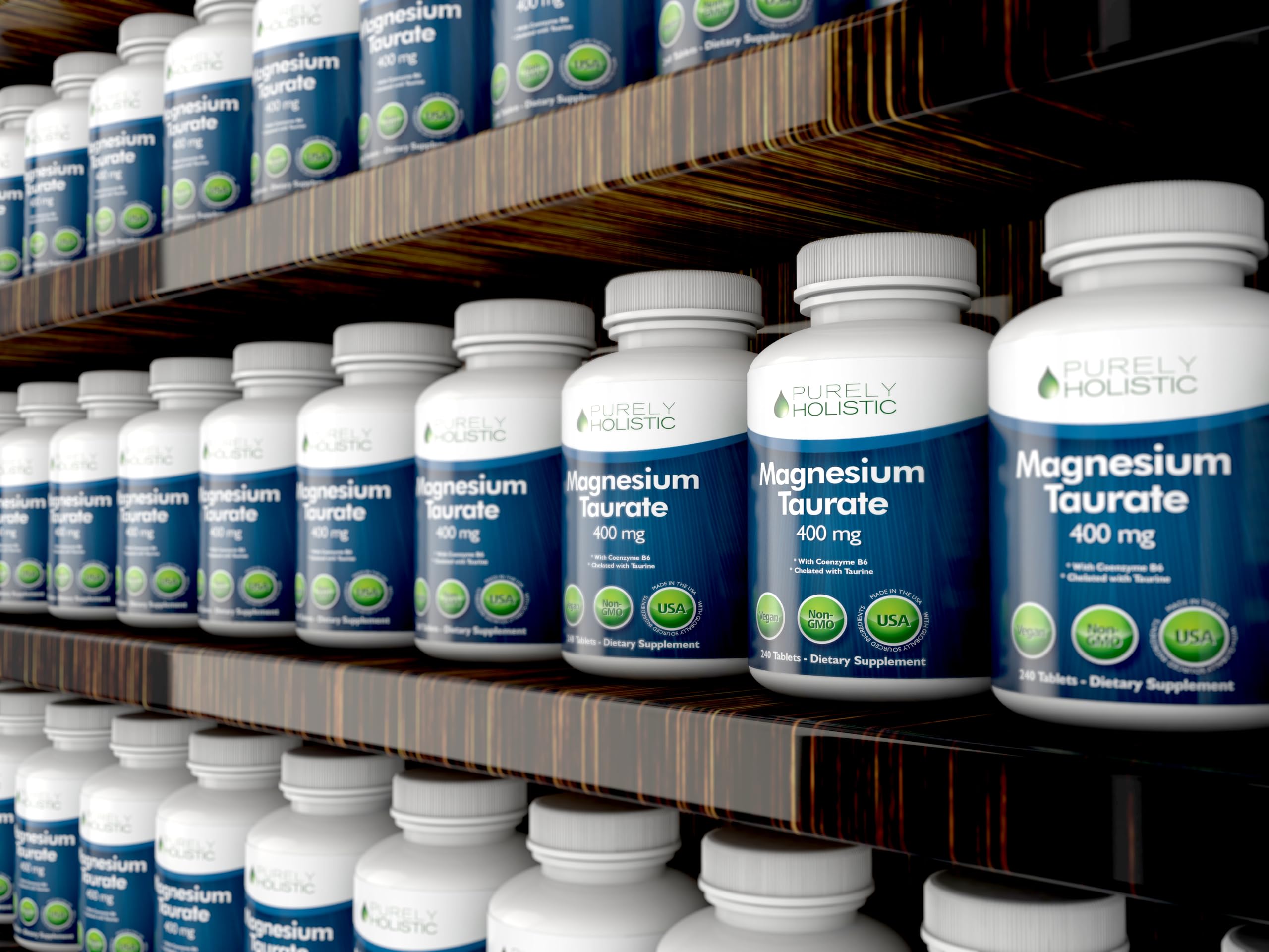 Purely Holistic Magnesium Taurate bottle on a wooden table