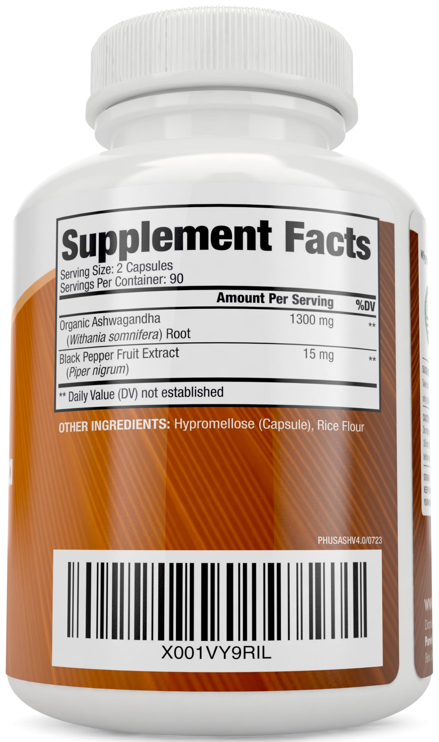 Purely Holistic Organic Ashwagandha 1300mg capsules side view