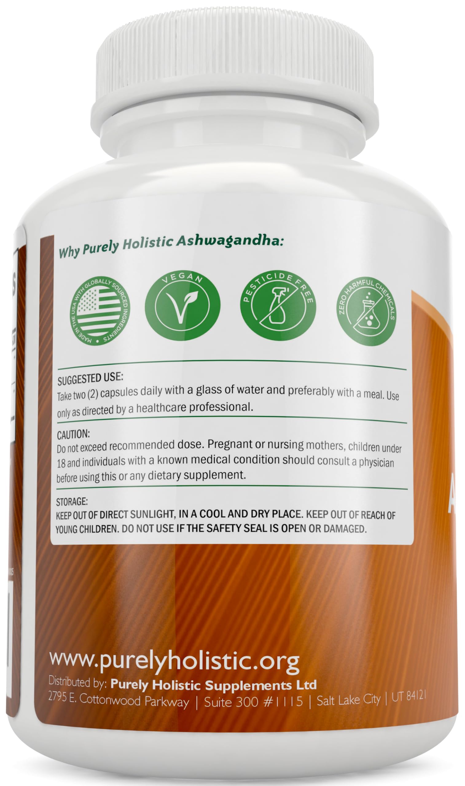 Purely Holistic Organic Ashwagandha 1300mg capsules with black pepper extract