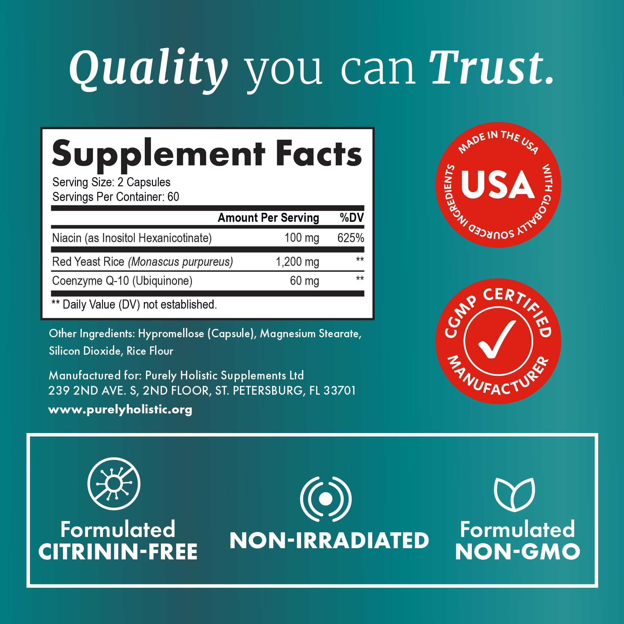 Purely Holistic Red Yeast Rice + CoQ10 bottle with measuring spoon