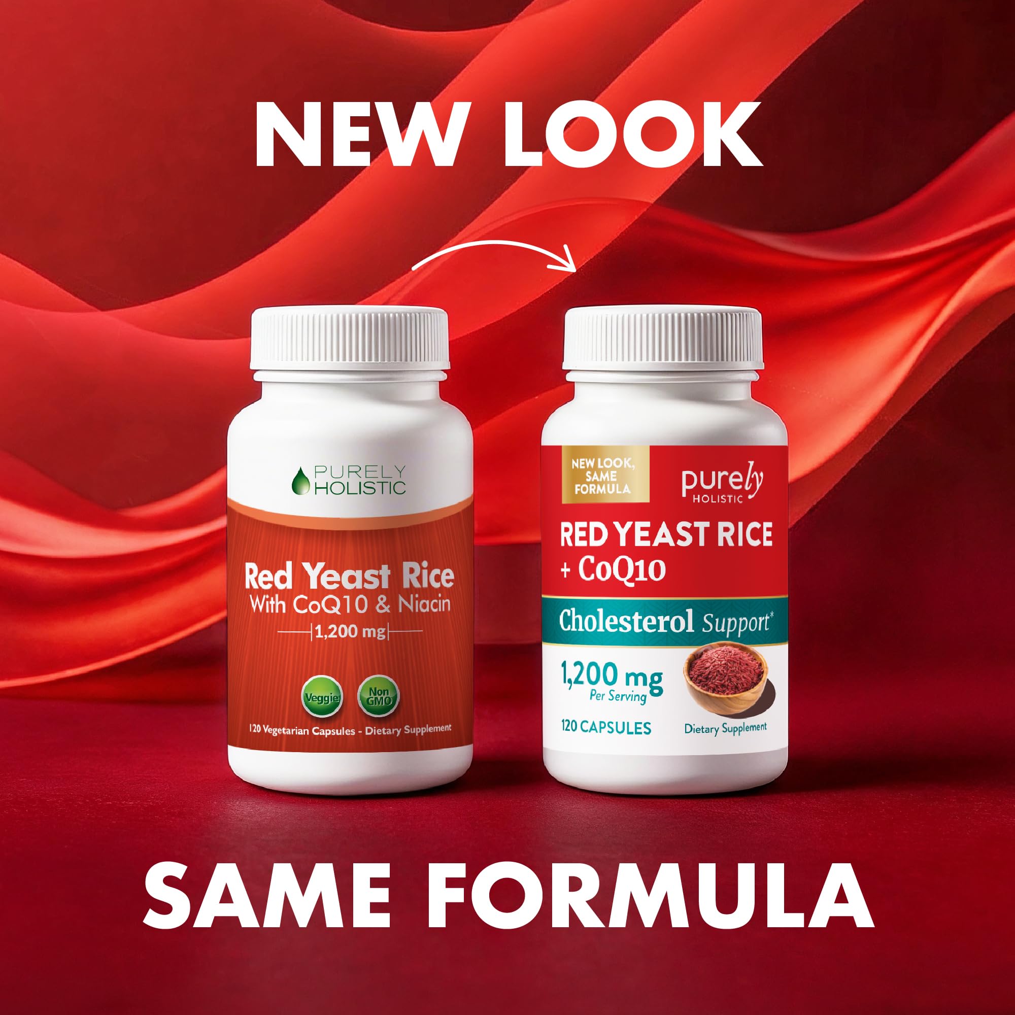 Purely Holistic Red Yeast Rice + CoQ10 capsules on a wooden surface