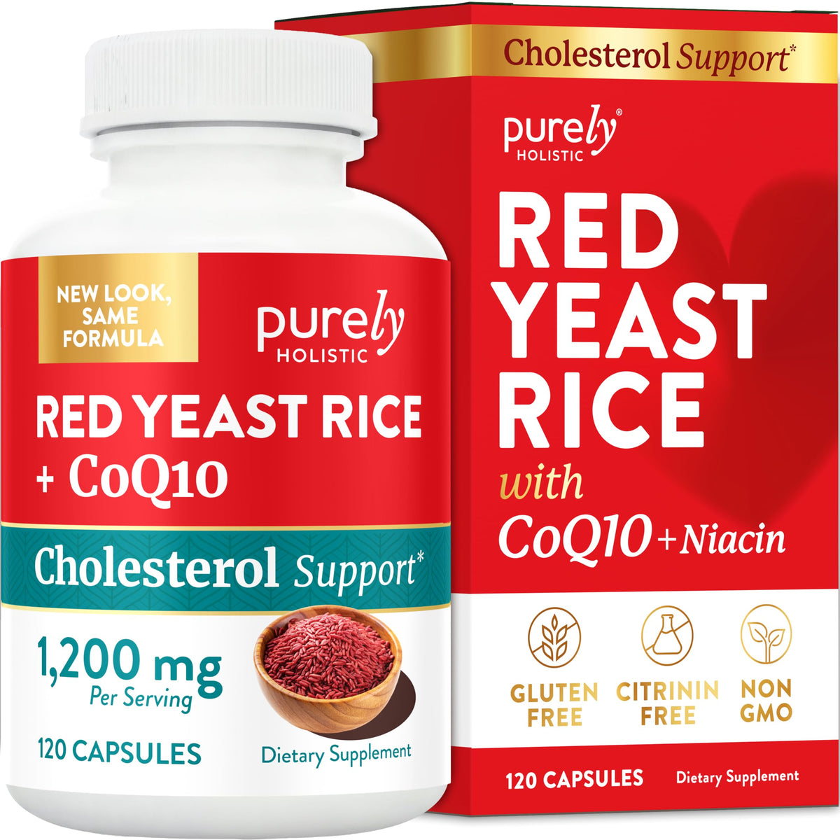 Purely Holistic Red Yeast Rice + CoQ10 supplement bottle front view