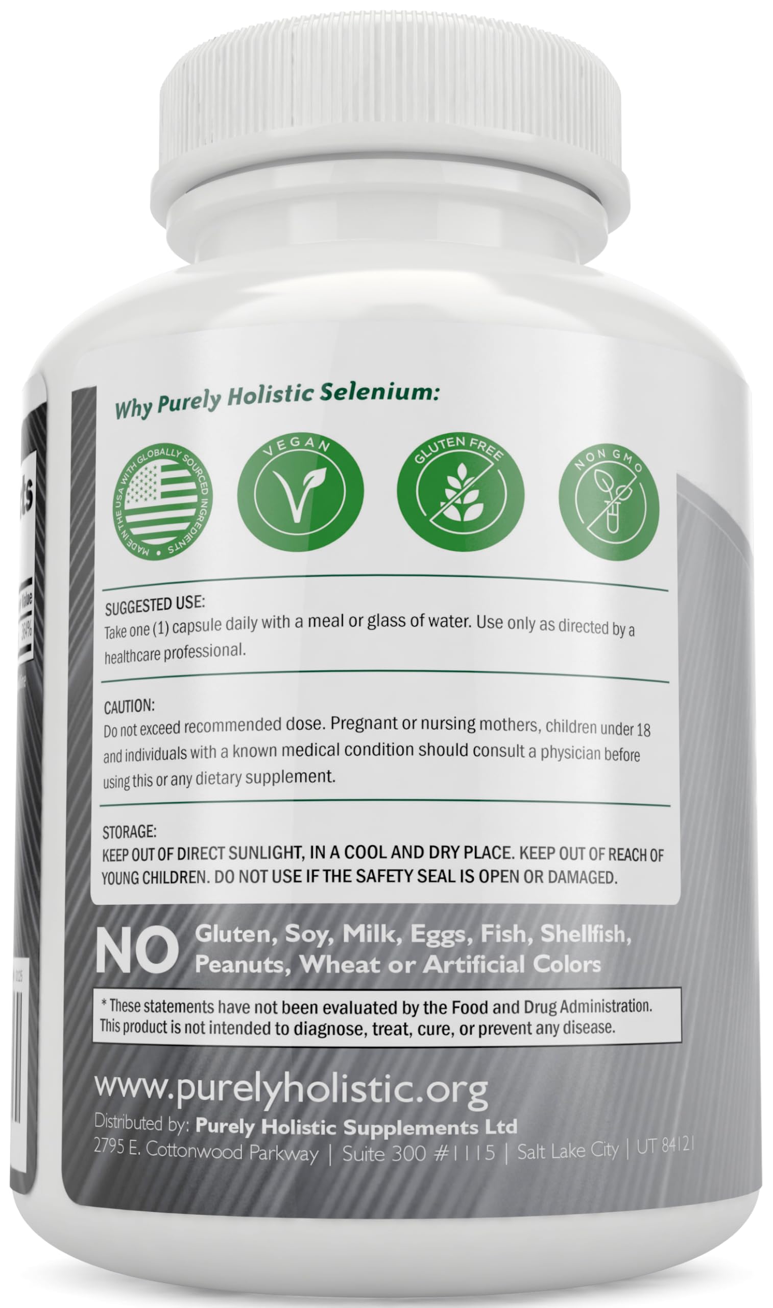 Purely Holistic Selenium 200mcg vegan capsules bottle side view