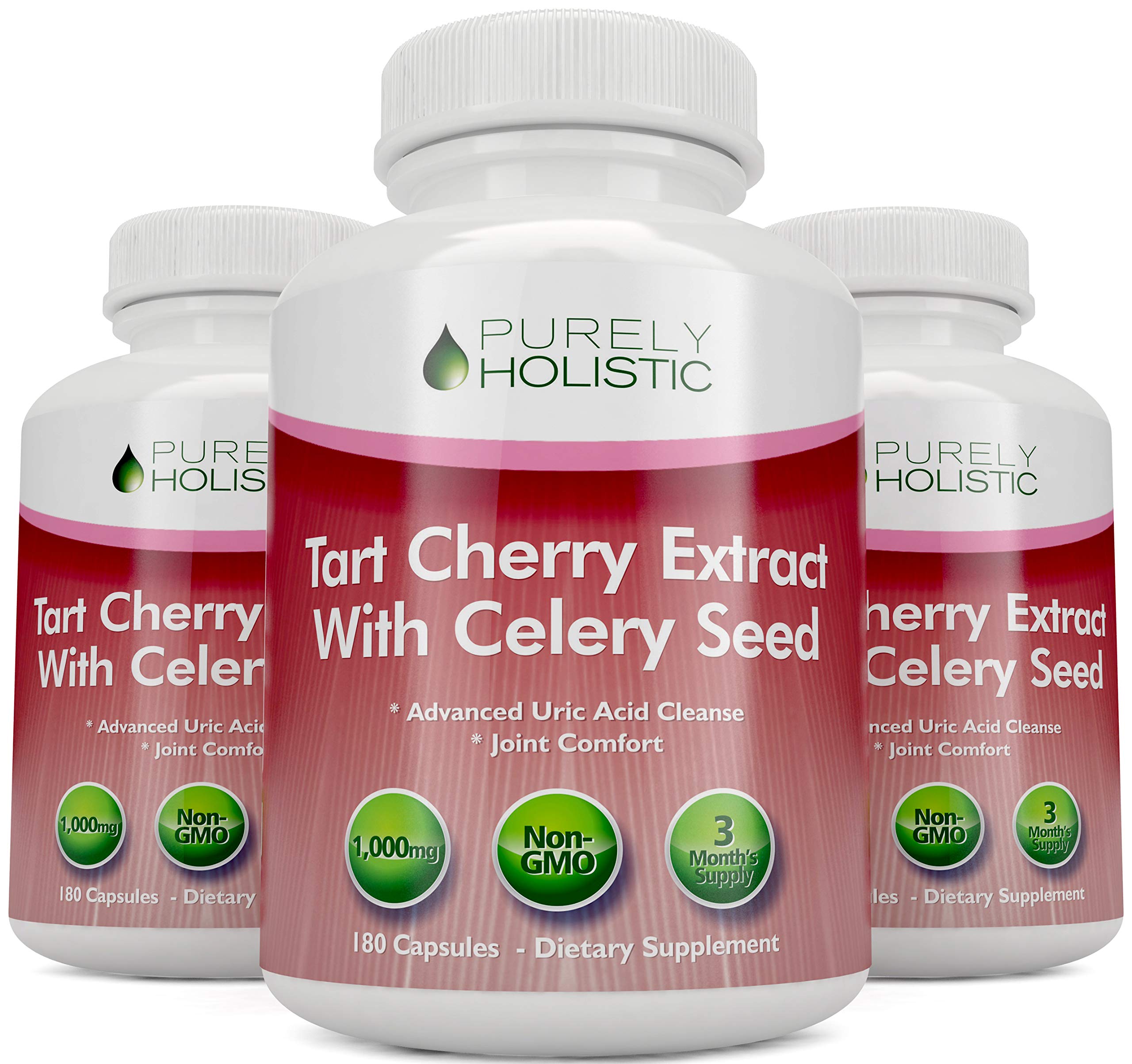 Purely Holistic Tart Cherry Extract Capsules on a wooden table