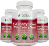 Purely Holistic Tart Cherry Extract Capsules on a wooden table