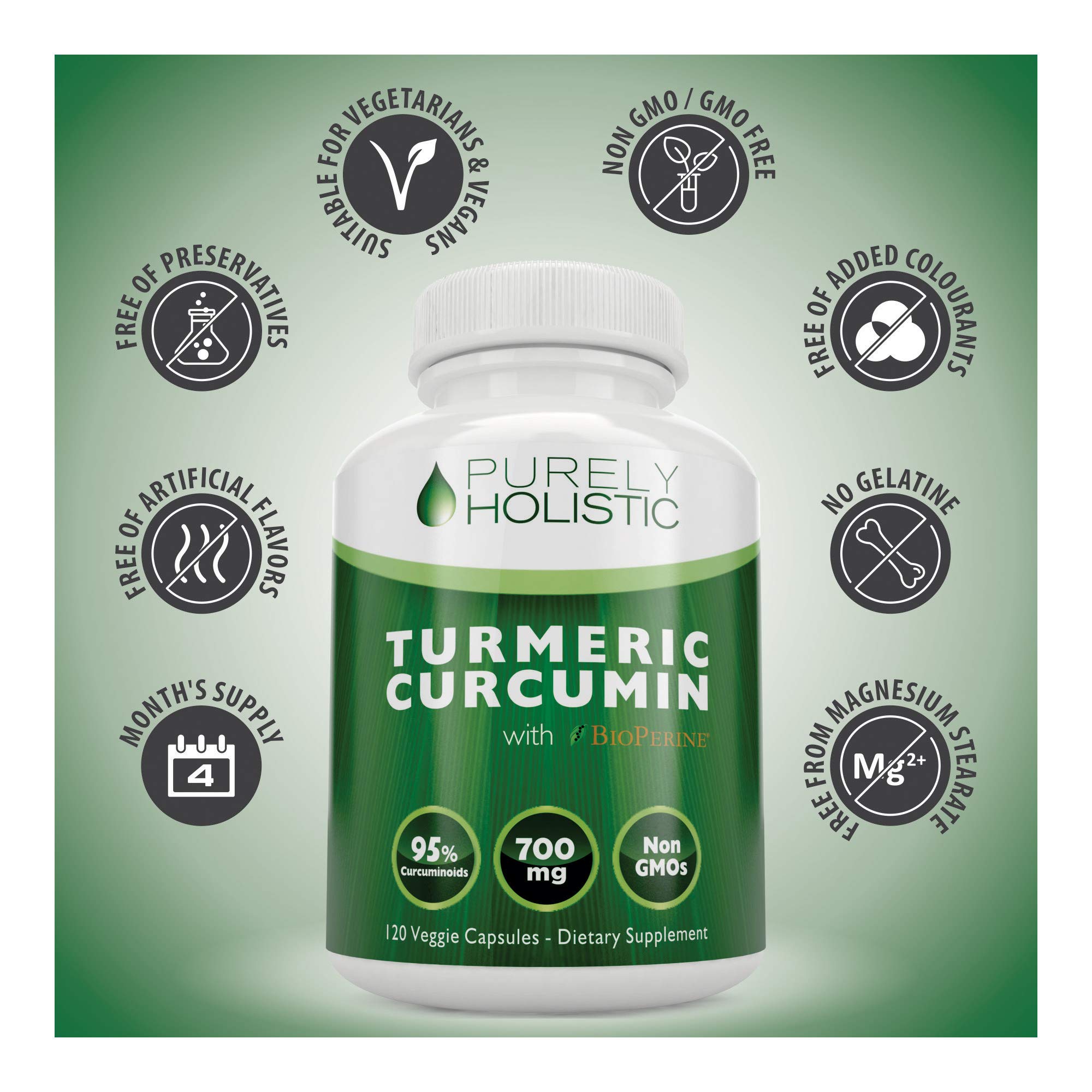 Purely Holistic Turmeric Curcumin 700mg supplement capsules close-up