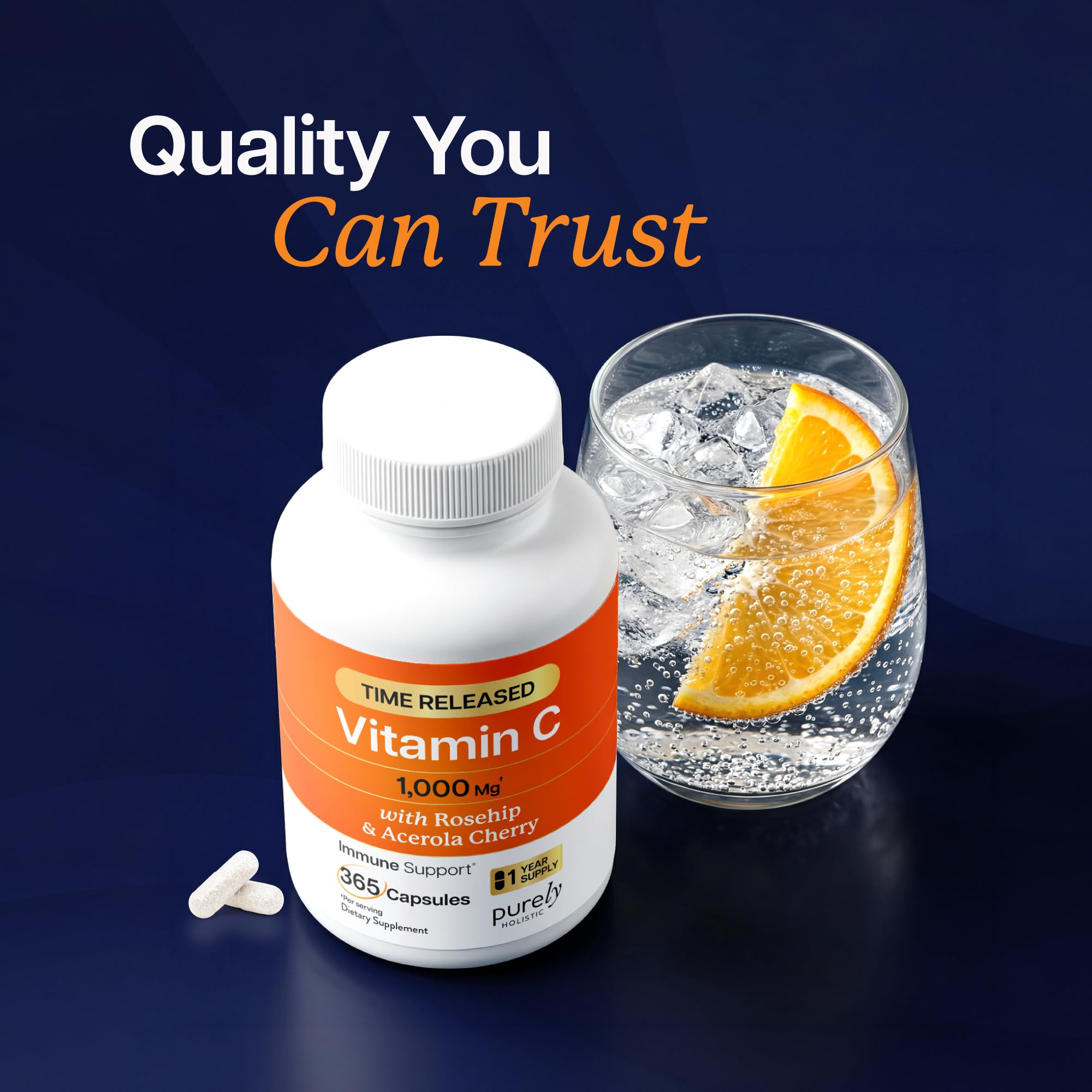 Purely Holistic Vitamin C 1000mg capsules in a hand