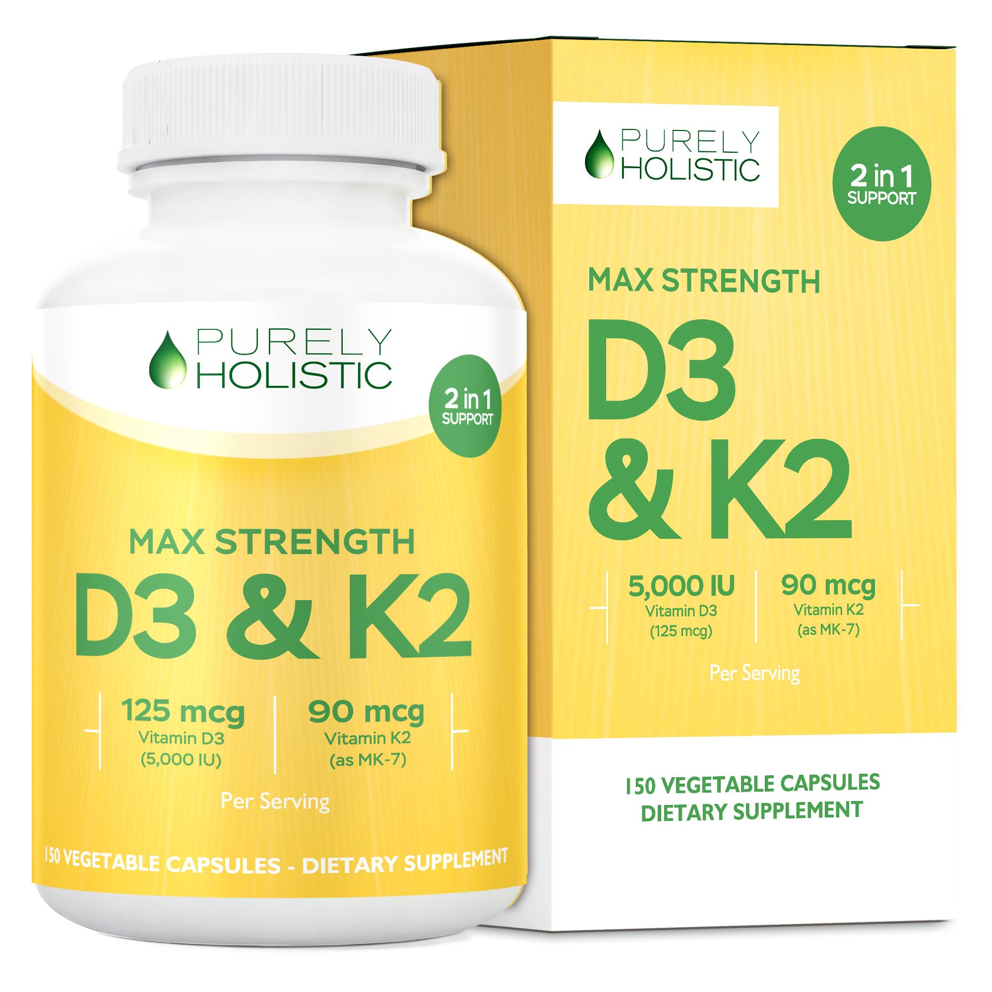 Purely Holistic Vitamin D3 + K2 Capsules 5000 IU front view