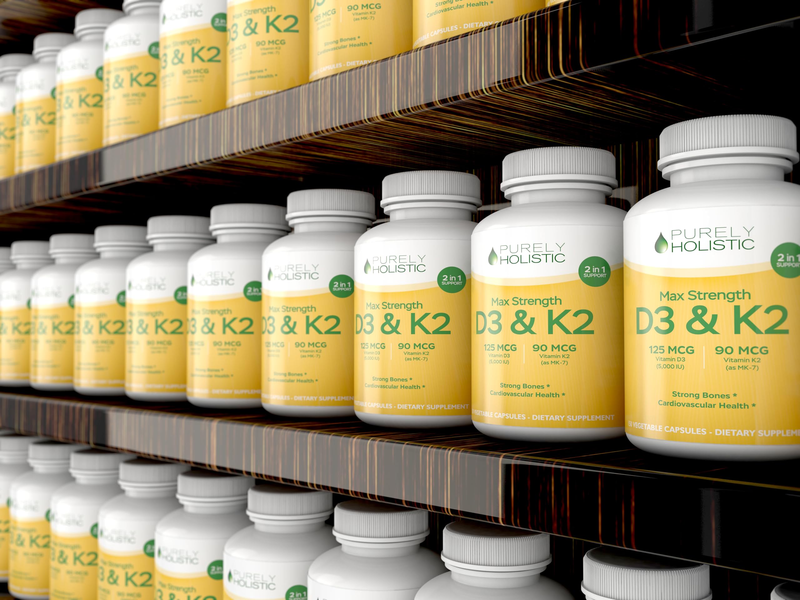 Purely Holistic Vitamin D3 + K2 Capsules on a wooden table