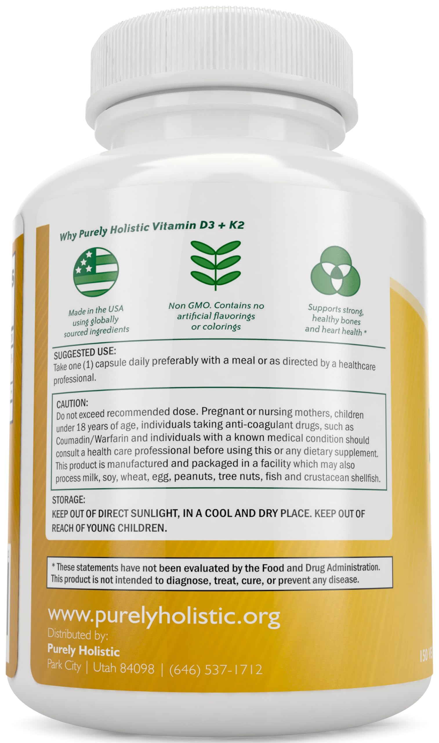 Purely Holistic Vitamin D3 + K2 Capsules side view showing capsule