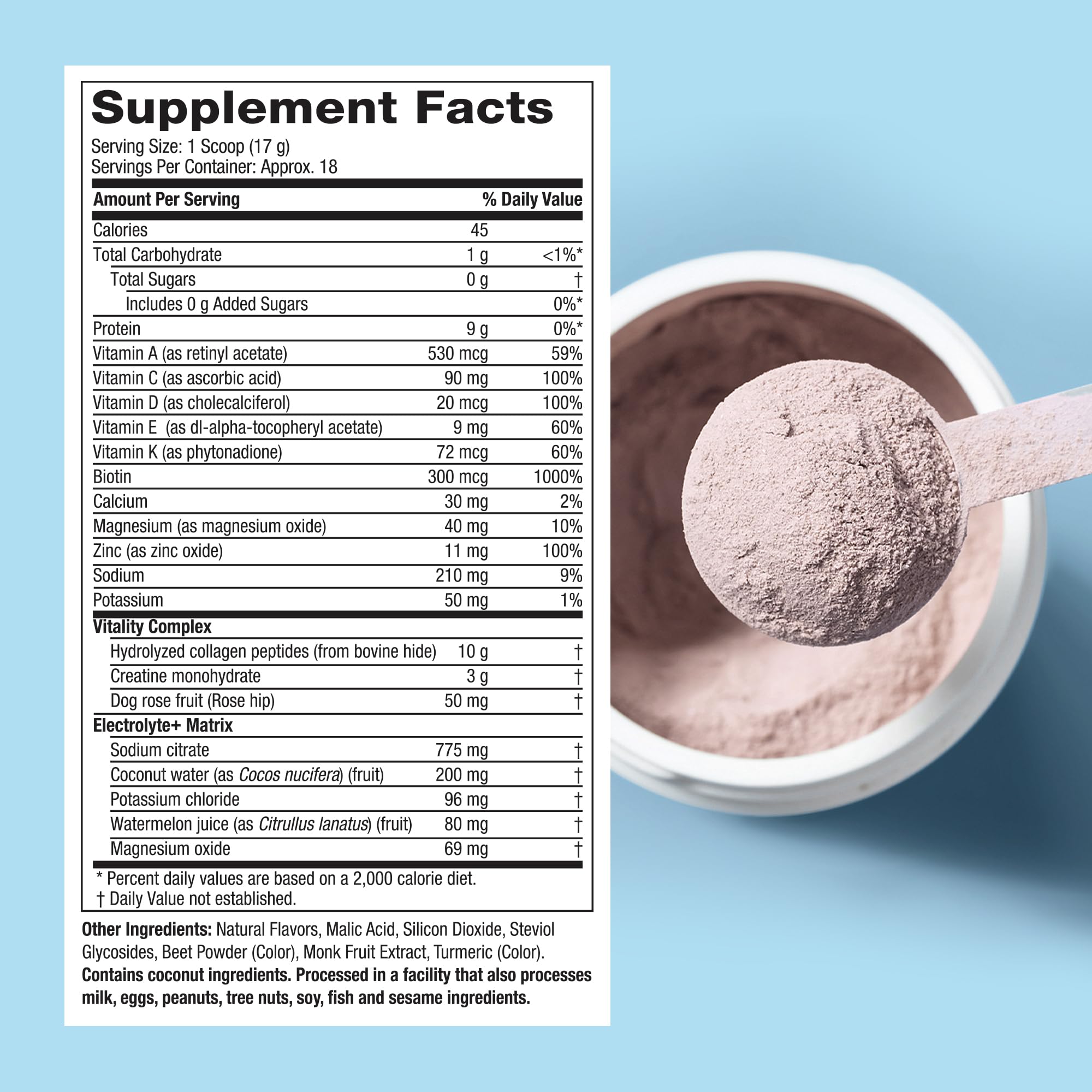Purely Inspired Collagen + Creatine powder with a measuring scoop