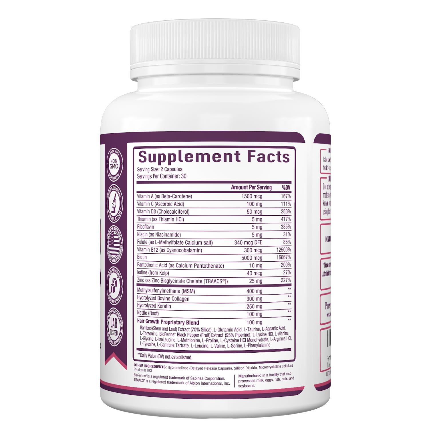 Purely Optimal Biotin Supplement capsules in a bottle