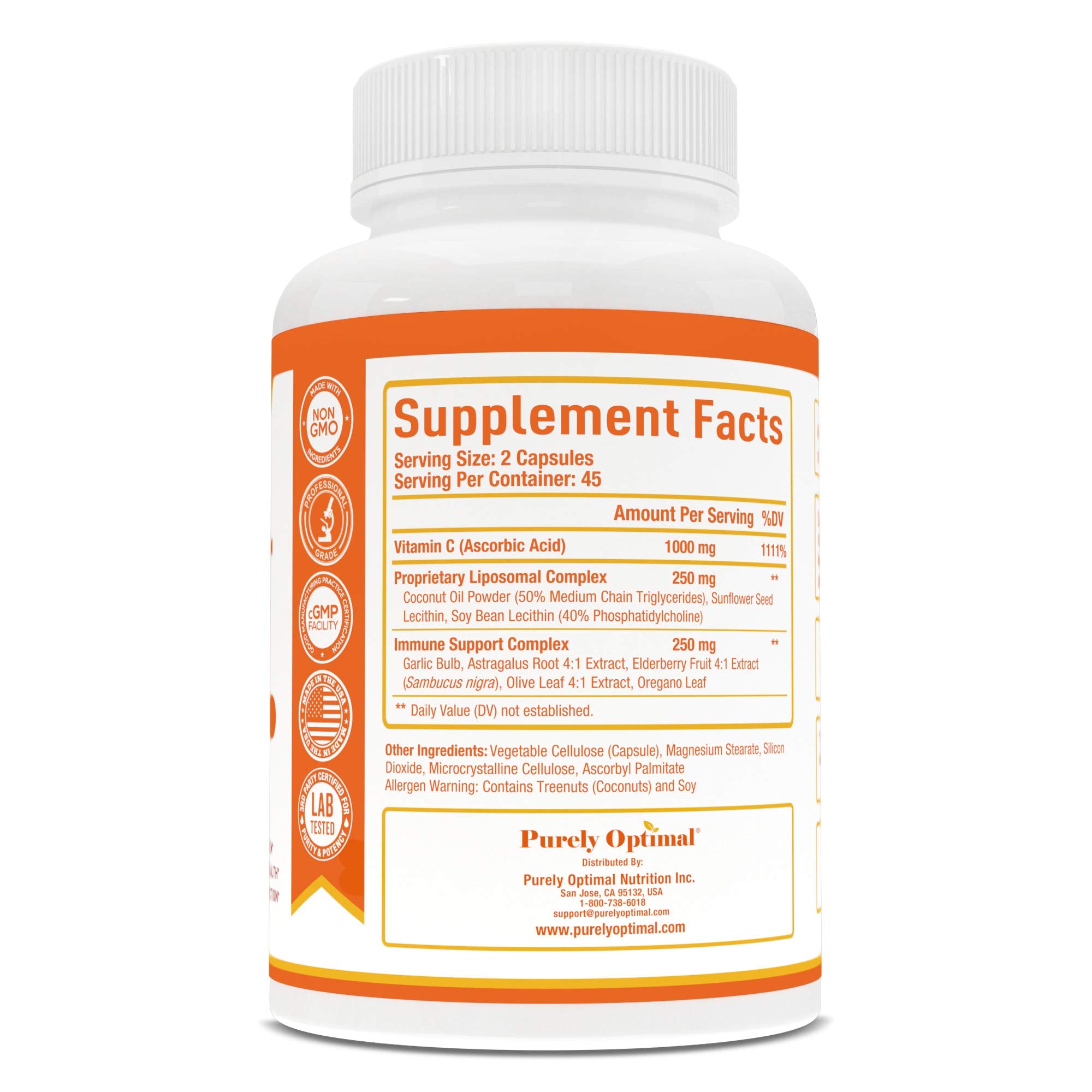 Purely Optimal Liposomal Vitamin C supplement ingredients list