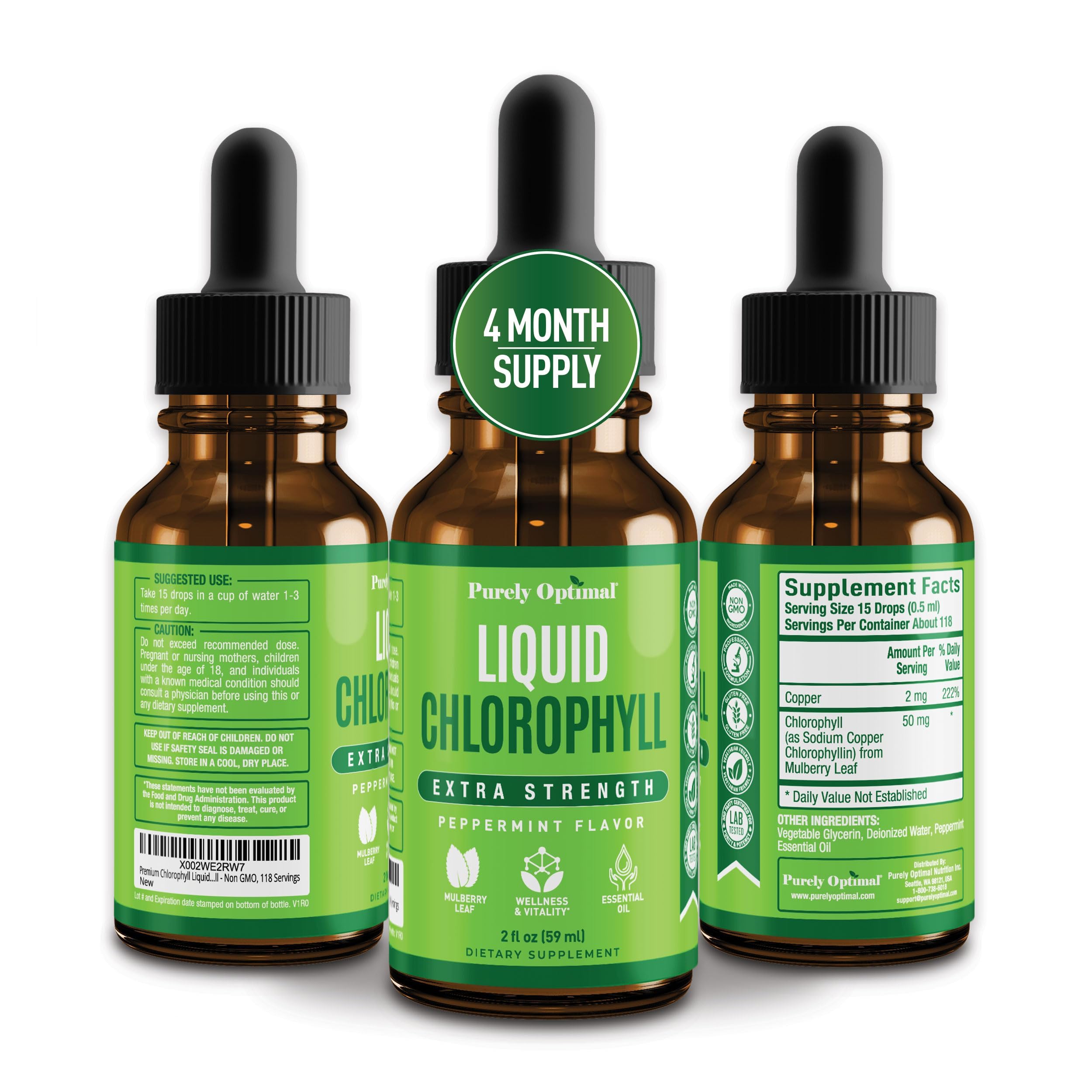 Purely Optimal Liquid Chlorophyll Mint 168g front view