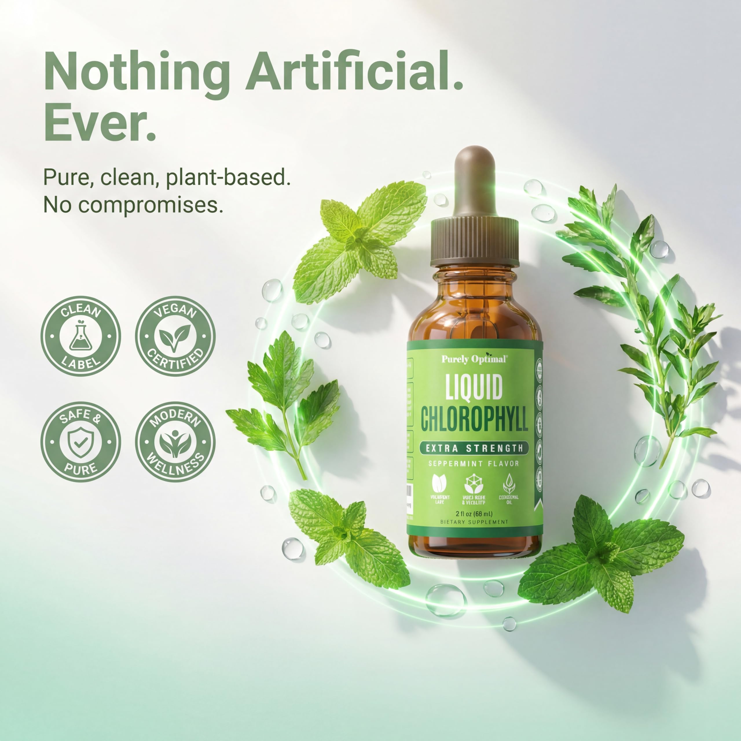 Purely Optimal Liquid Chlorophyll Mint 168g glass bottle packaging