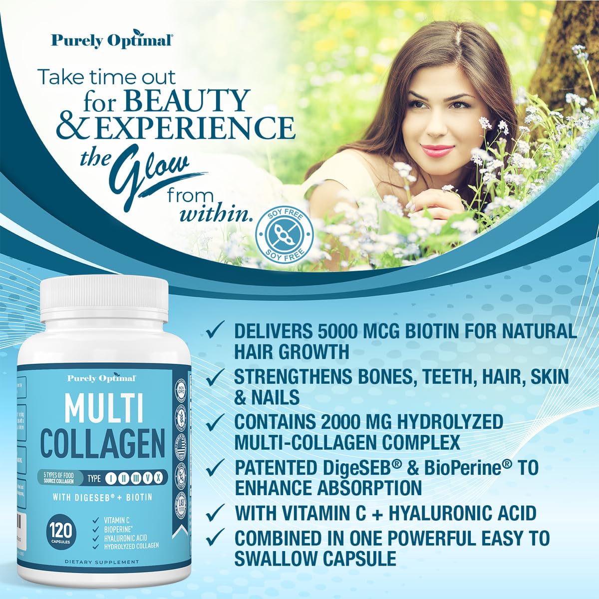 Purely Optimal Multi Collagen Capsules 2000mg capsules on a table