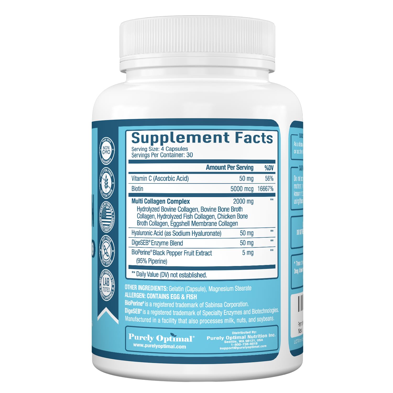 Purely Optimal Multi Collagen Capsules 2000mg packaging details
