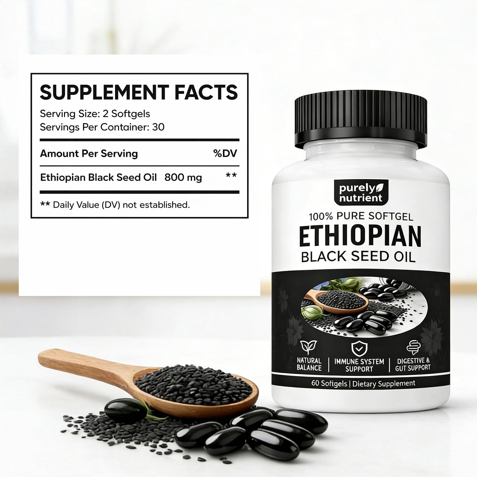 PURELYNUTRIENT Black Seed Oil Softgels on a wooden table