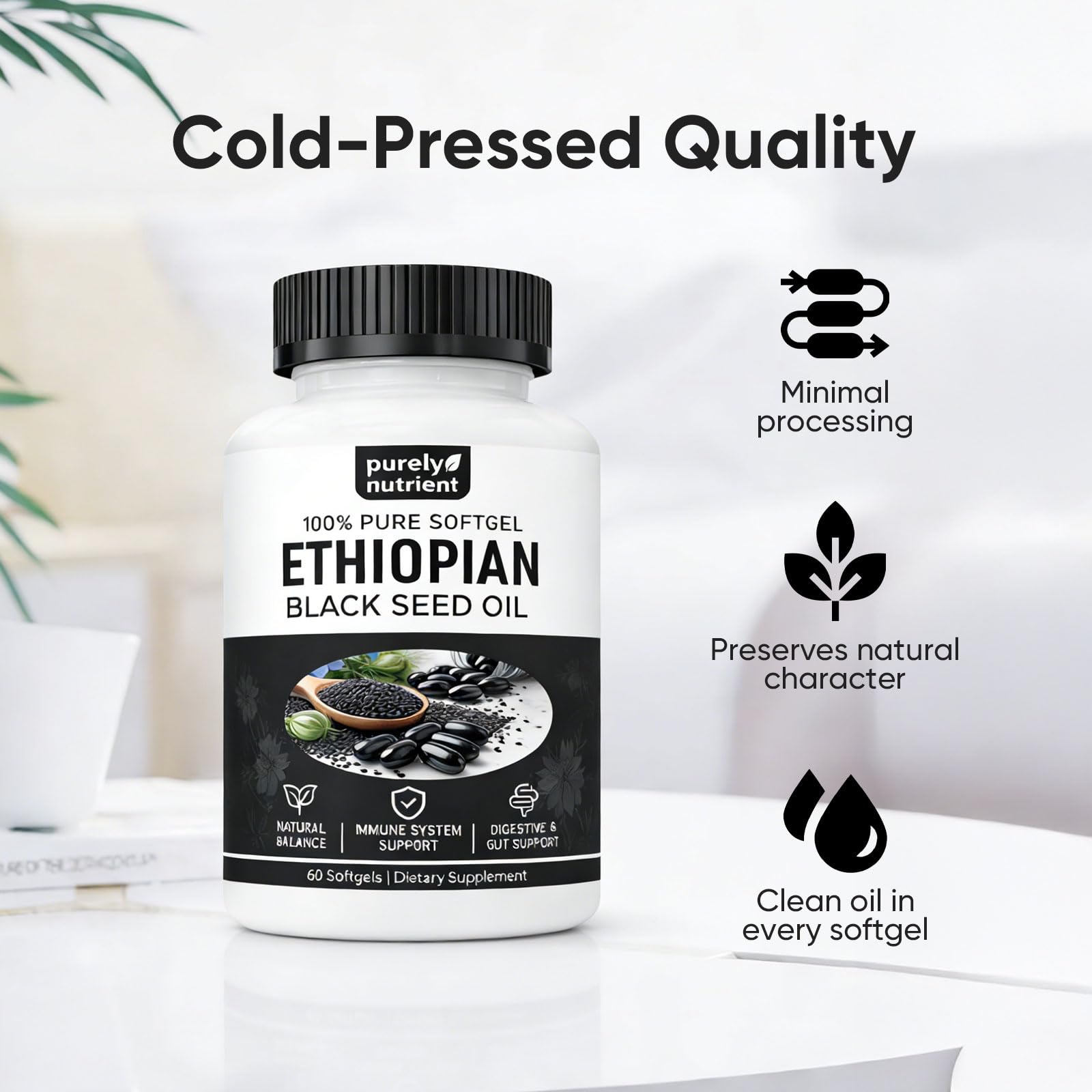 PURELYNUTRIENT Black Seed Oil Softgels with water glass