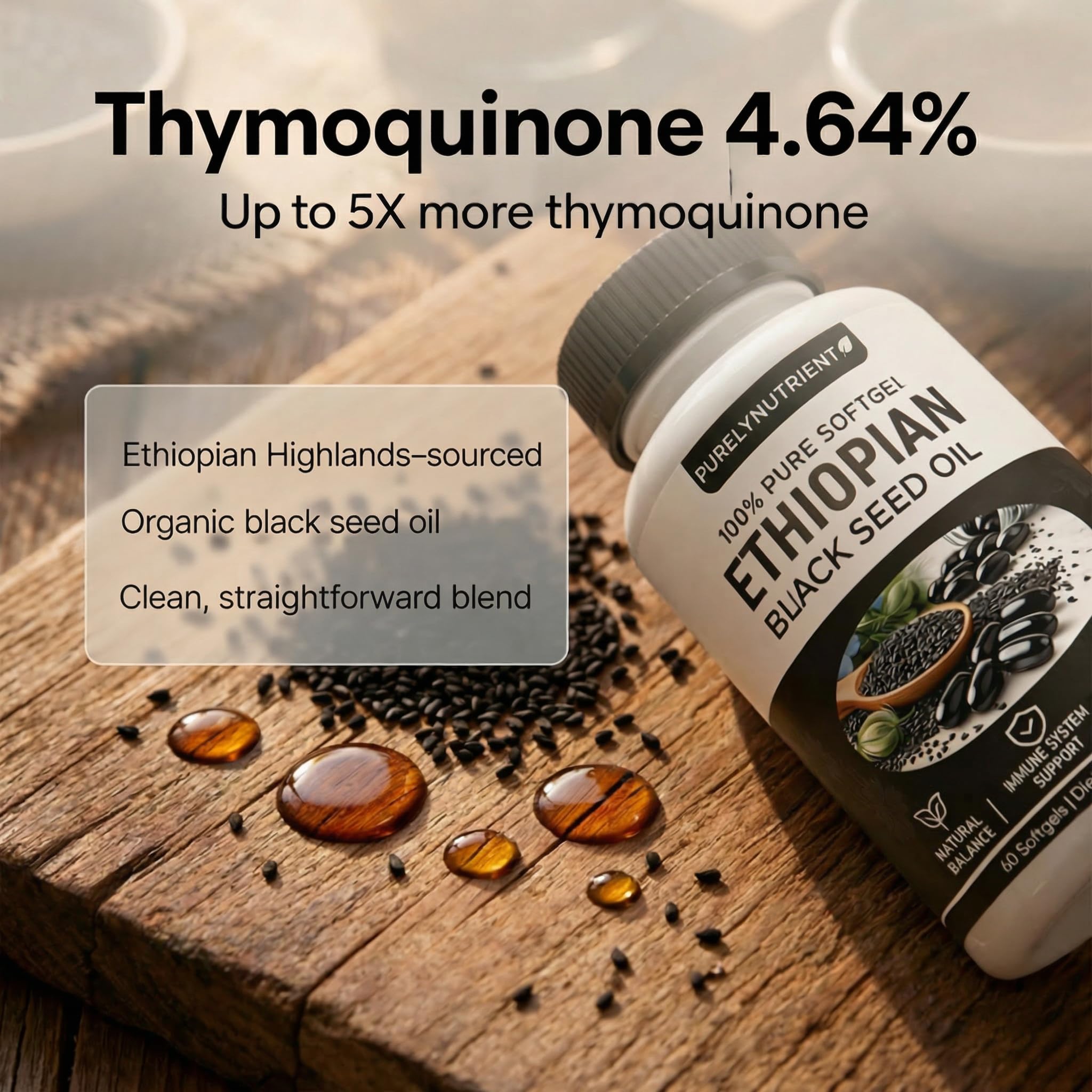 PURELYNUTRIENT Black Seed Oil Softgels with water glass