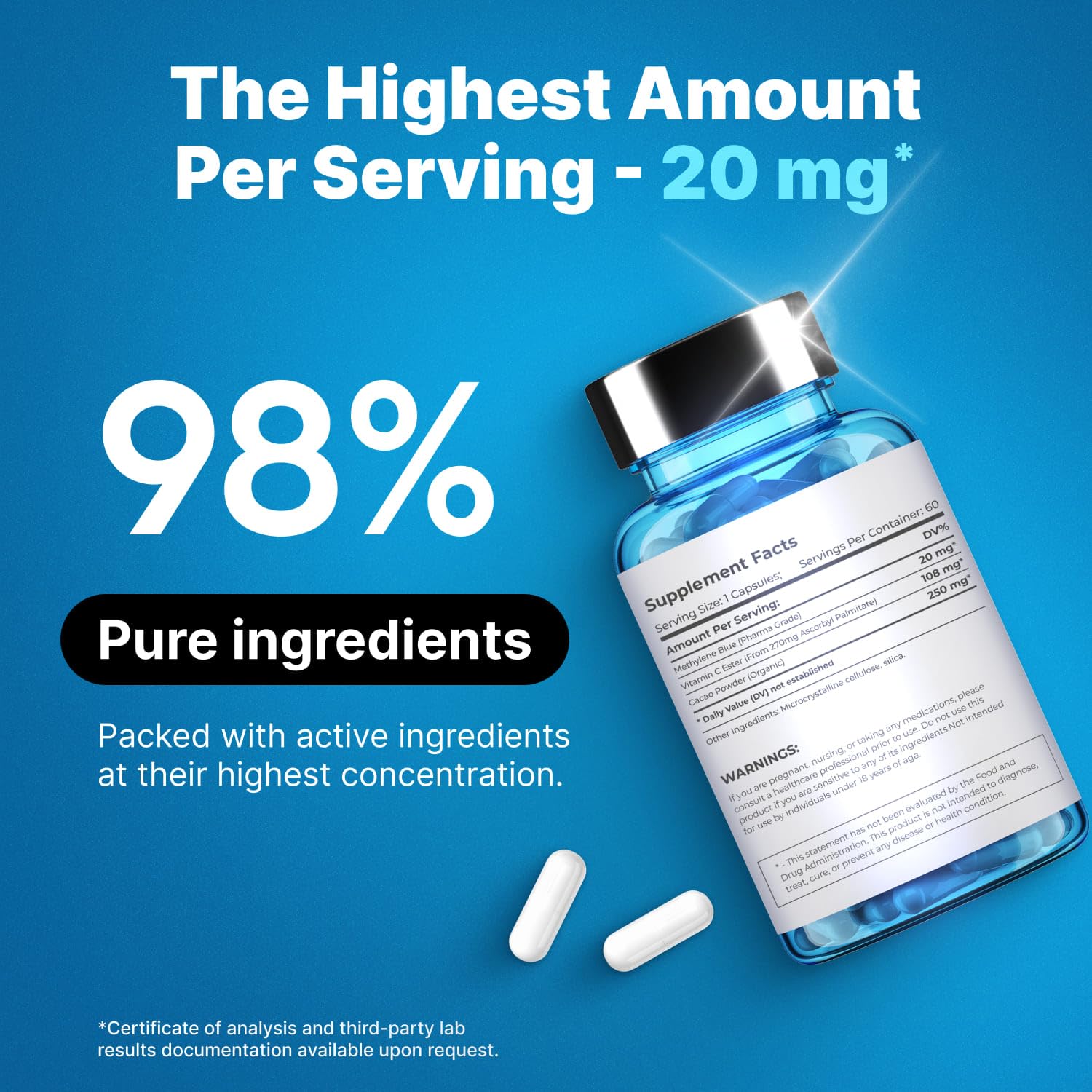 PureNutra Methylene Blue Capsules 2% opened bottle