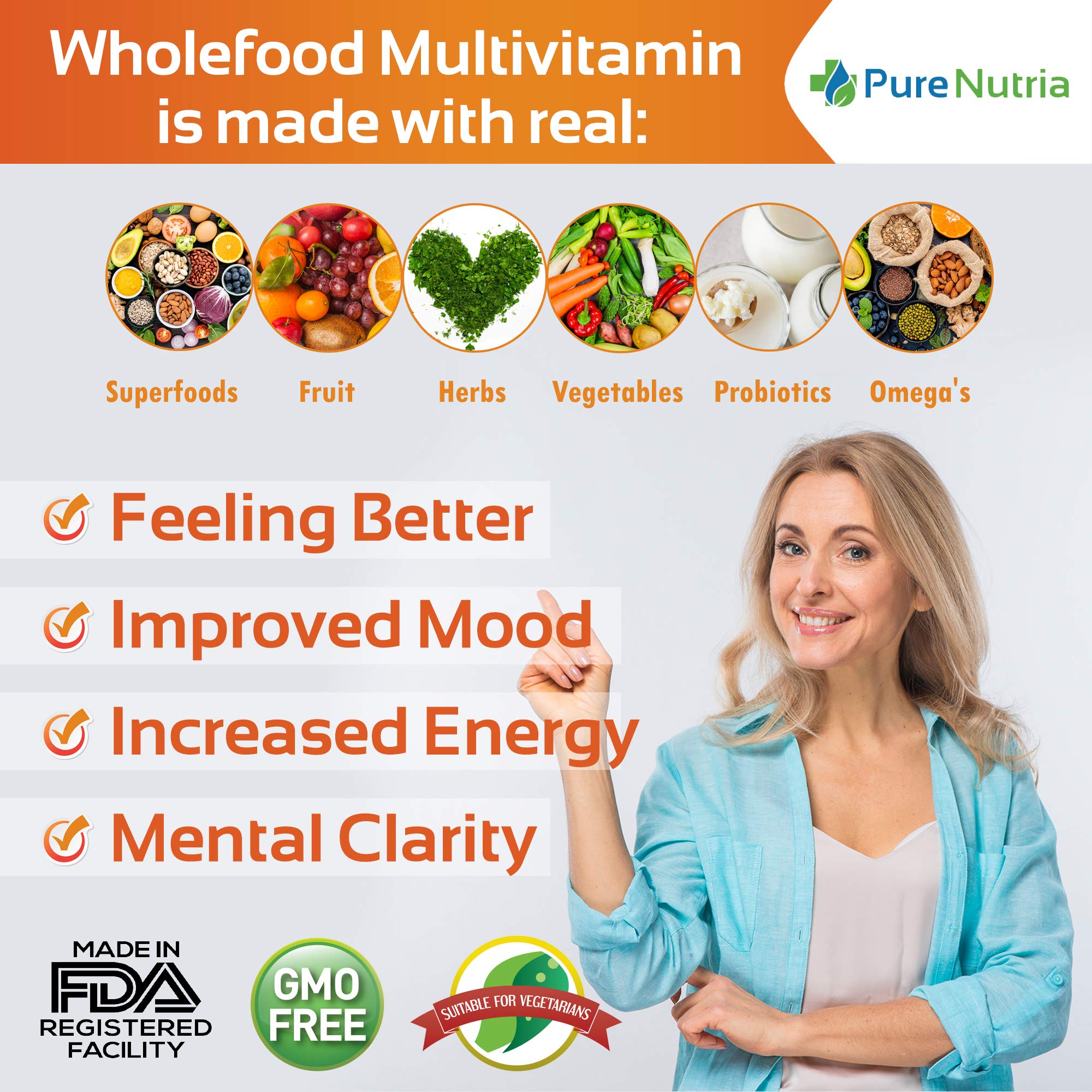 PureNutria Multivitamins 120 whole food capsules on a wooden table