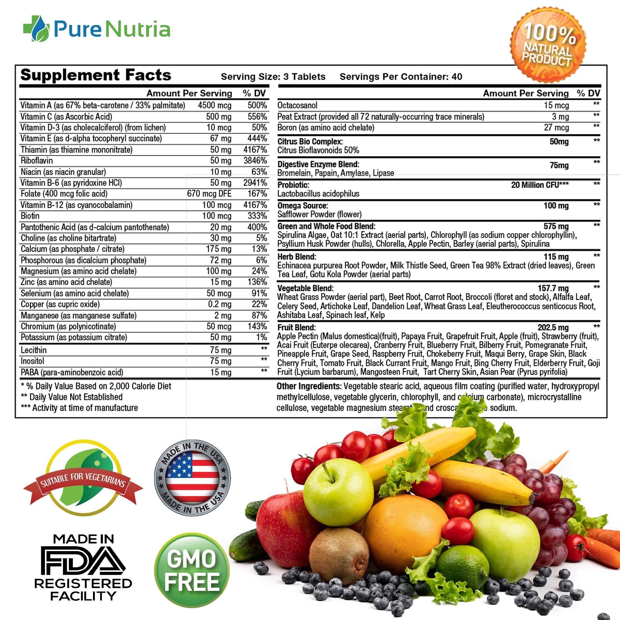 PureNutria Multivitamins 120 whole food capsules side view