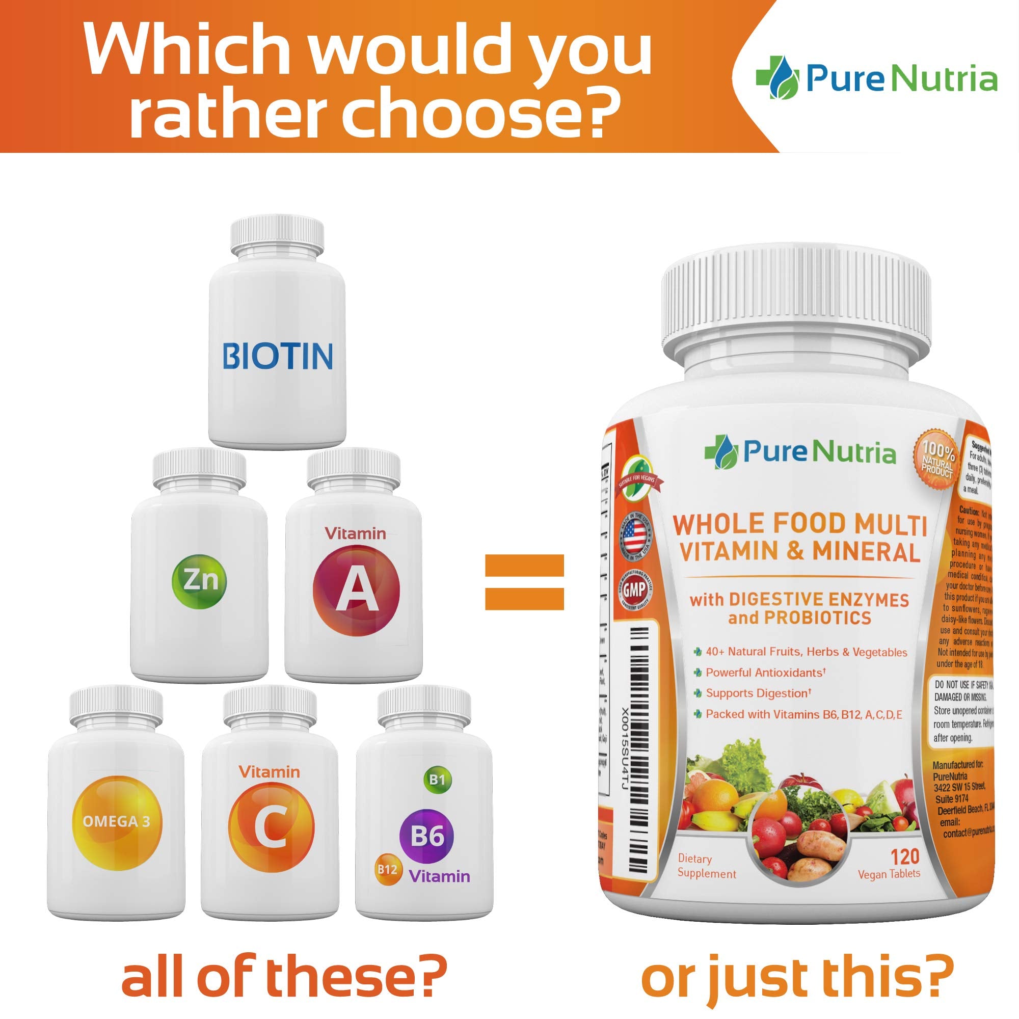 PureNutria Multivitamins 120 whole food capsules with label details