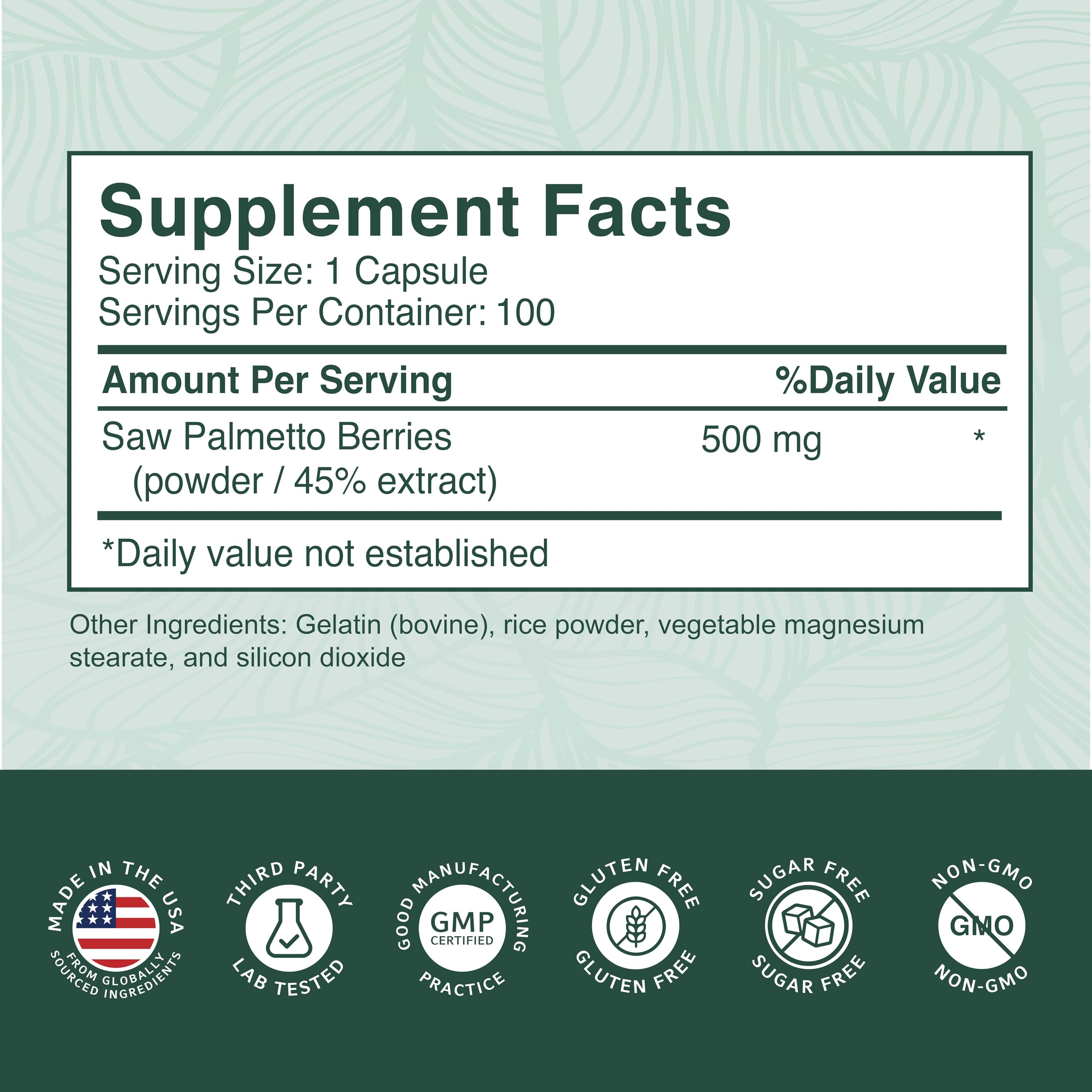 PurePremium Saw Palmetto 500mg capsules close-up